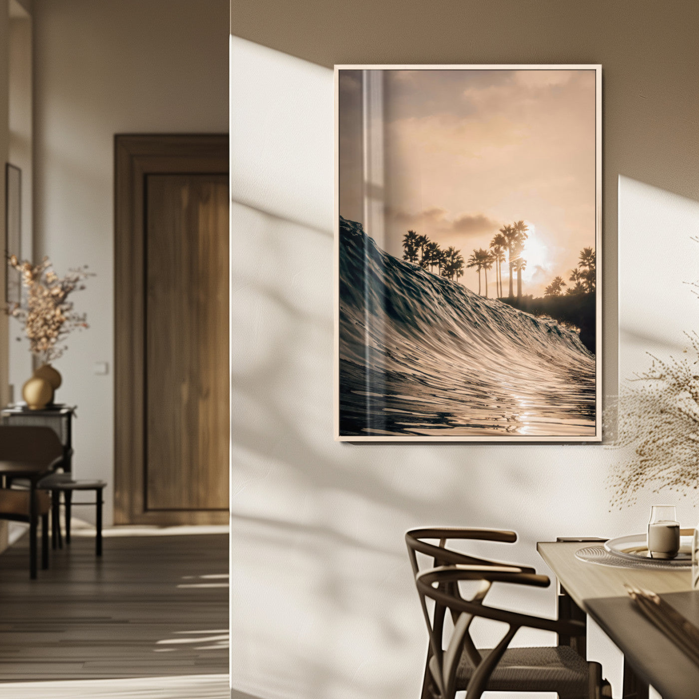 MGV-FP-48X32-3P - Golden Hour Ocean Wave Wall Art Canvas Print, Framed Tropical Beach Sunset Art Picture Print, Palm Tree Silhouettes Perfect Tropical Coastal Decor Artwork