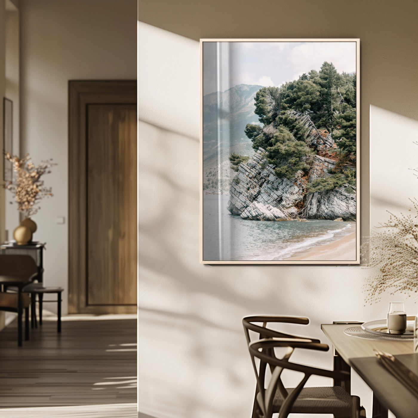 MGV-FP-48X32-3P - Beach Trees Wall Art Canvas Print, Framed Earthy Beachside Art Picture Print, Beachside Nature Perfect Rustic Coastal Decor Artwork