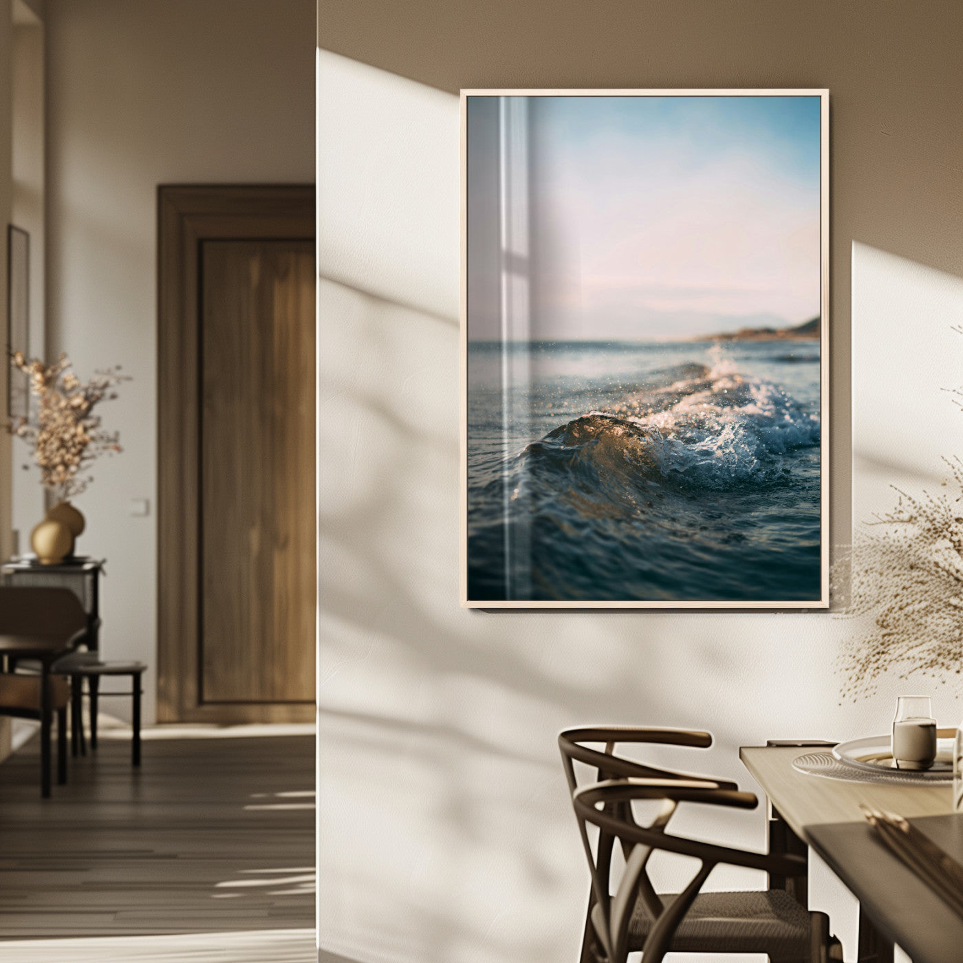 MGV-FP-48X32-3P - Ocean Waves Wall Art Canvas Print, Framed Coastal Serenity Art Picture Print, Golden Hour Perfect Modern Coastal Decor Artwork