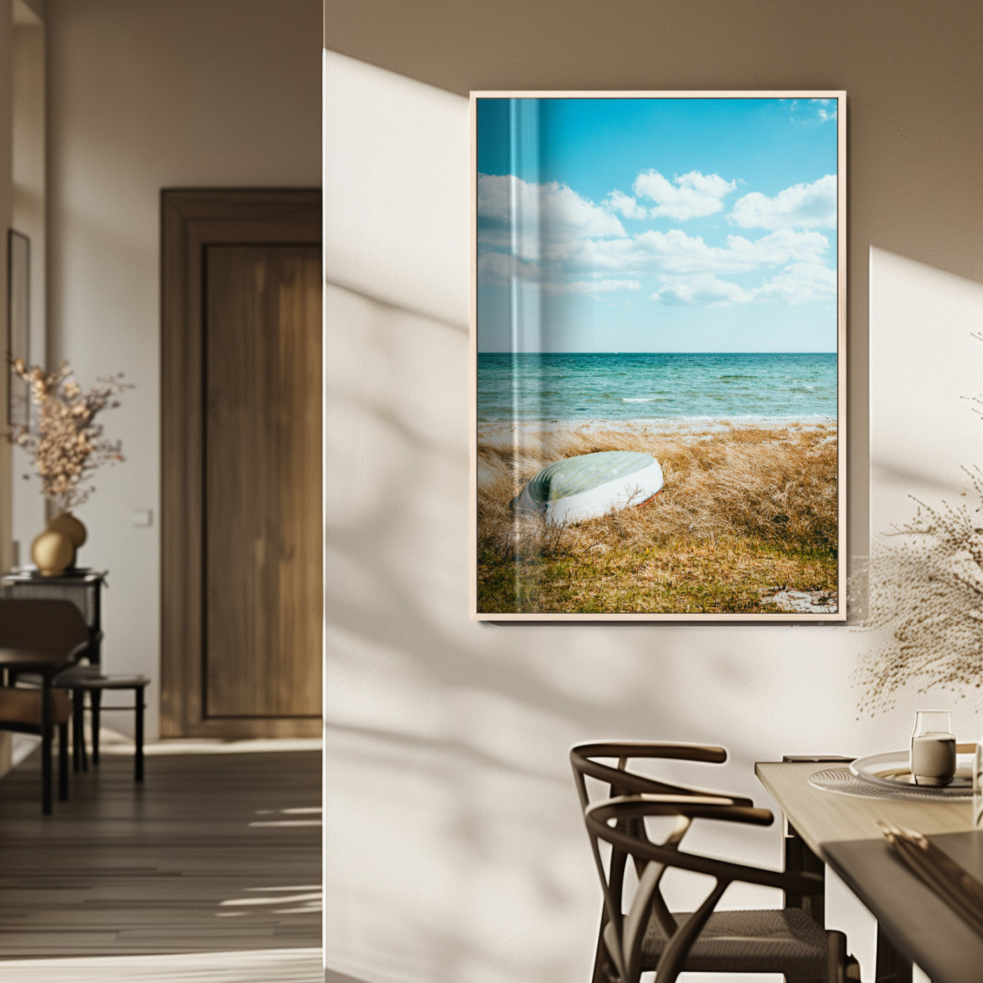 MGV-FP-48X32-3P - Coastal Serenity Wall Art Canvas Print, Framed Ocean View Art Picture Print, Rustic Boat Perfect Nautical Coastal Decor Artwork