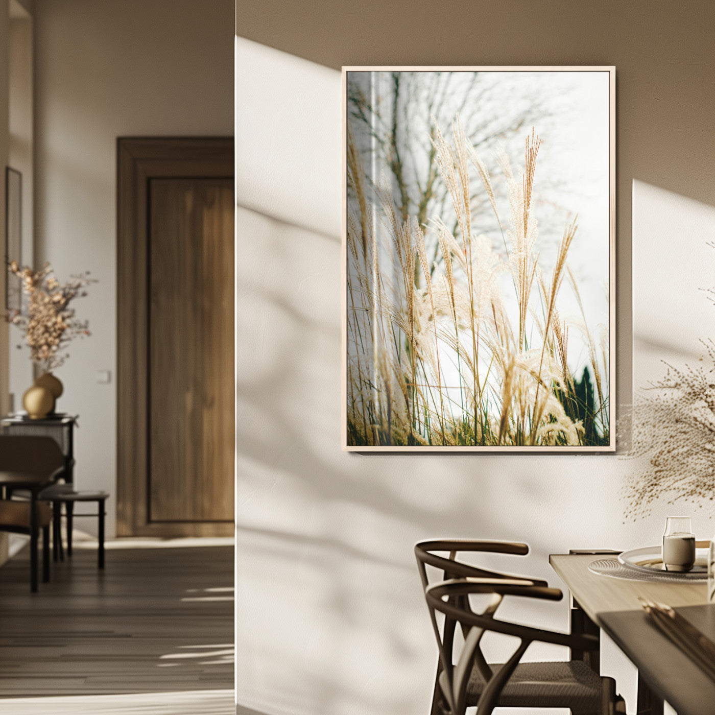 MGV-FP-48X32-3P - Pampas Grass Wall Art Canvas Print, Framed Neutral Tones Art Picture Print, Minimalist Nature Perfect Boho Minimalist Decor Artwork