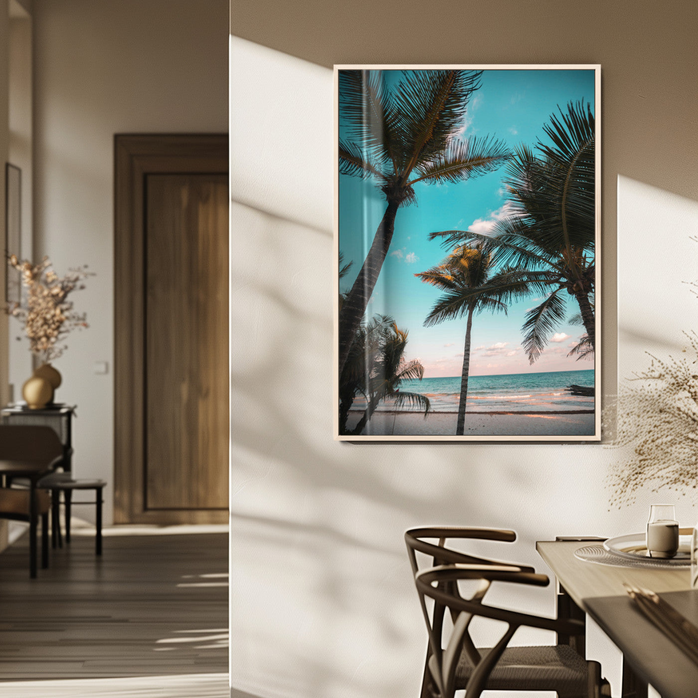 MGV-FP-48X32-3P - Palm Trees Wall Art Canvas Print, Framed Tropical Beach Art Picture Print, Ocean Breeze Perfect Tropical Coastal Decor Artwork