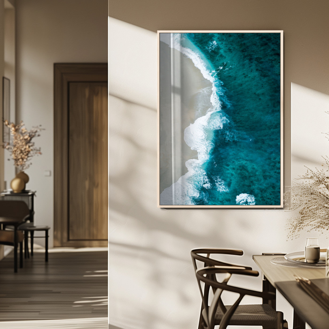 MGV-FP-48X32-3P - Aerial Ocean View Wall Art Canvas Print, Framed Coastal Serenity Art Picture Print, Turquoise Waves Perfect Modern Coastal Decor Artwork