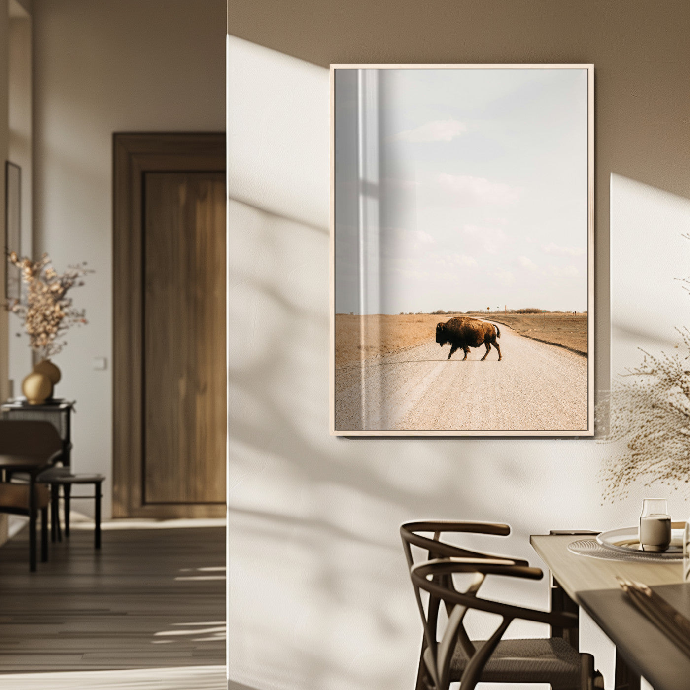 MGV-FP-48X32-3P - Bison Crossing Wall Art Canvas Print, Framed Western Landscape Art Picture Print, Prairie Road Perfect Modern Ranch Decor Decor Artwork