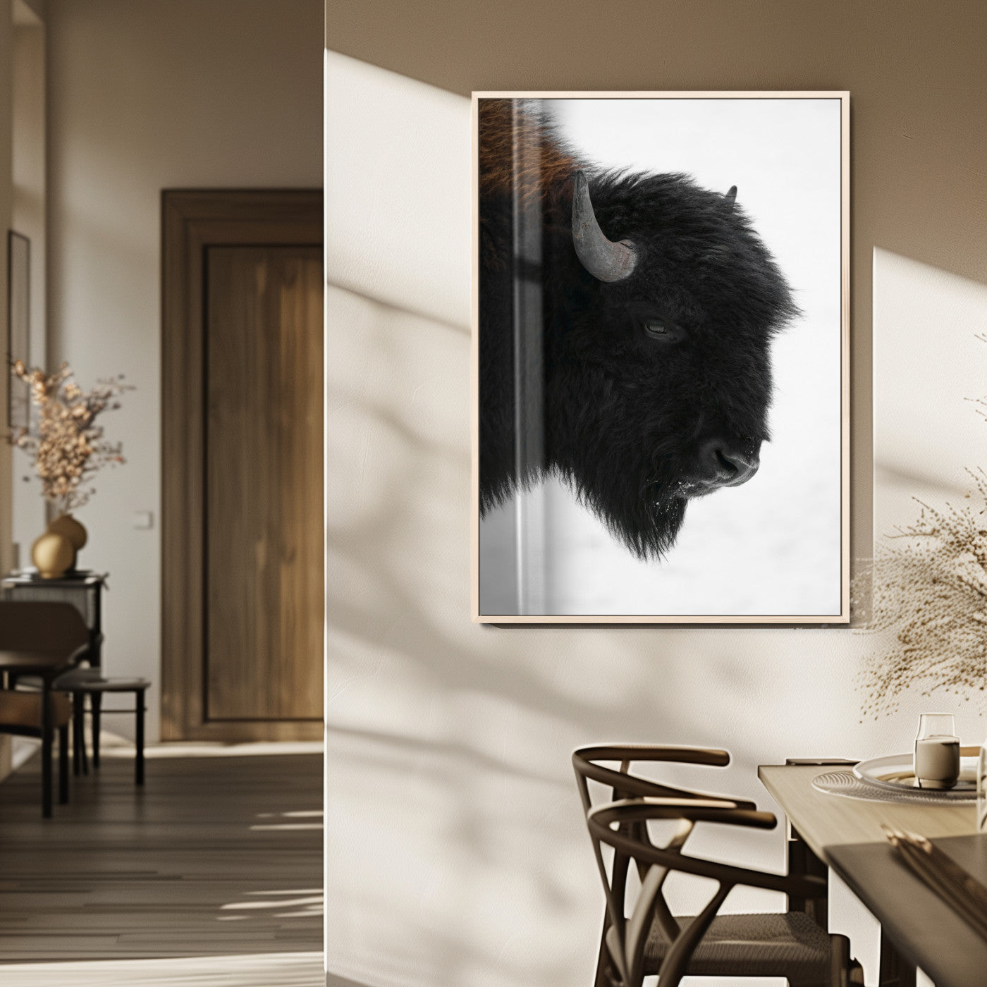 MGV-FP-48X32-3P - Western Rustic Wall Art Canvas Print, Framed Buffalo Photography Art Picture Print, Black and White Wildlife Perfect Country Decor Artwork
