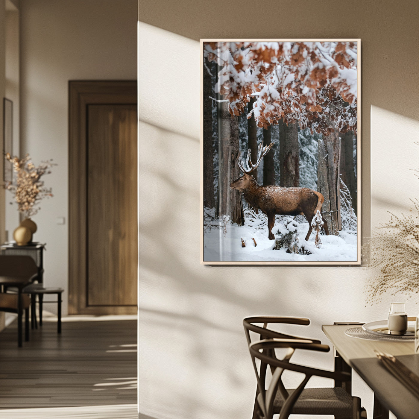 MGV-FP-48X32-3P - Serene Landscape Wall Art Canvas Print, Framed Winter Wonderland Art Picture Print, Winter Deer Perfect Cabin Decor Artwork