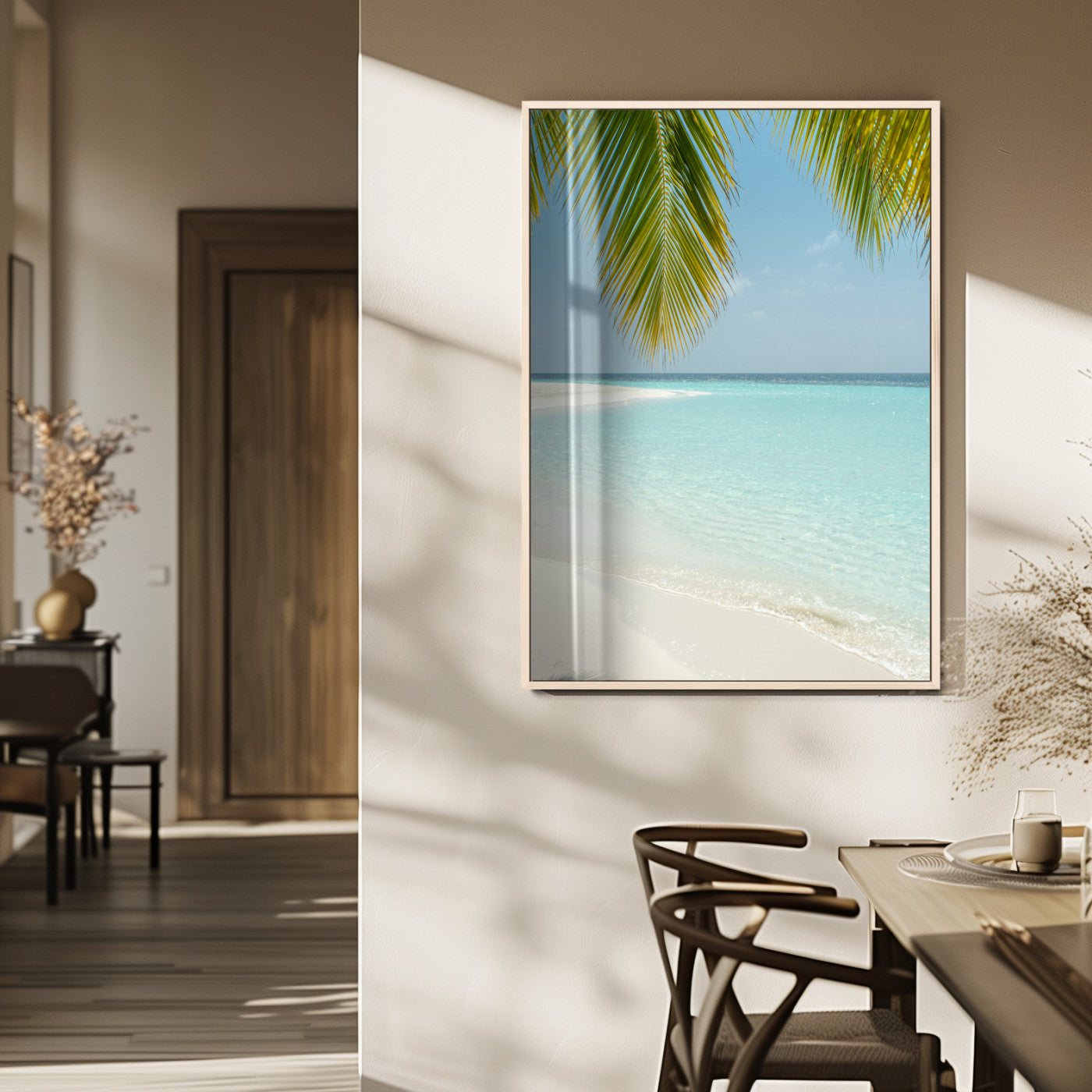 MGV-FP-48X32-3P - Azure Water Wall Art Canvas Print, Framed Tranquil Island Escape Art Picture Print, Clear Blue Ocean Perfect Coastal Minimalist Decor Artwork