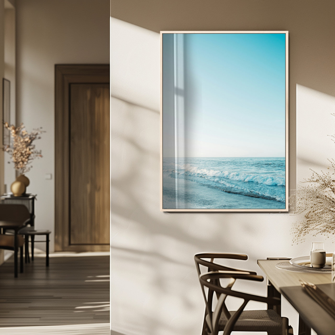 MGV-FP-48X32-3P - Minimalist Ocean Wall Art Canvas Print, Framed Calm Seascape Art Picture Print, Soft Blue Tones Perfect Coastal Minimalist Decor Artwork