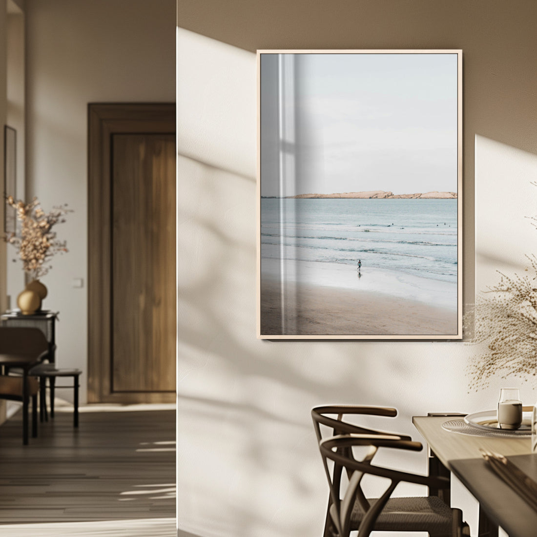Minimalist Beach Wall Art Canvas Print, Framed Soft Blue Tranquil Ocean Horizon