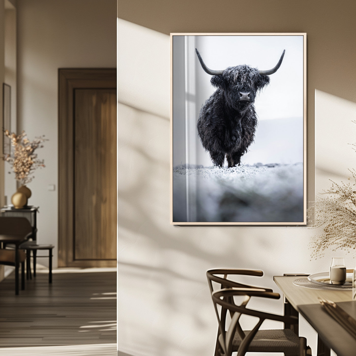 MGV-FP-48X32-3P - Frosty Black Highland Wall Art Canvas Print, Framed Moody Winter Aesthetic Art Picture Print, Scottish Highlands Perfect Modern Rustic Decor Artwork