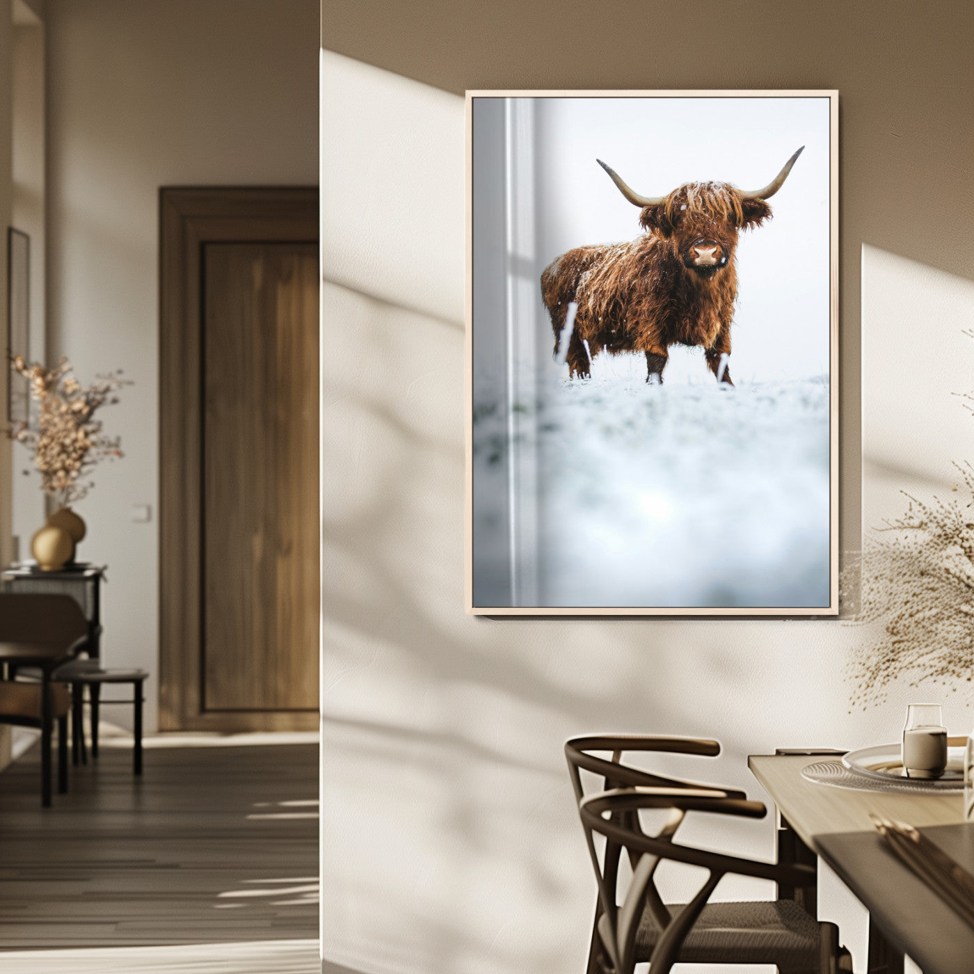MGV-FP-48X32-3P - Highland Cow Wall Art Canvas Print, Framed Horned Cow Art Picture Print, Scottish Cattle Perfect Farmhouse Decor Artwork
