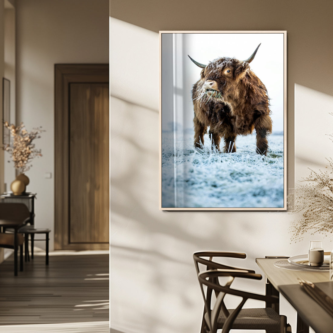 Minimalist Scottish Highland Cow Wall Art Canvas Print, Framed Farmhouse Country Style
