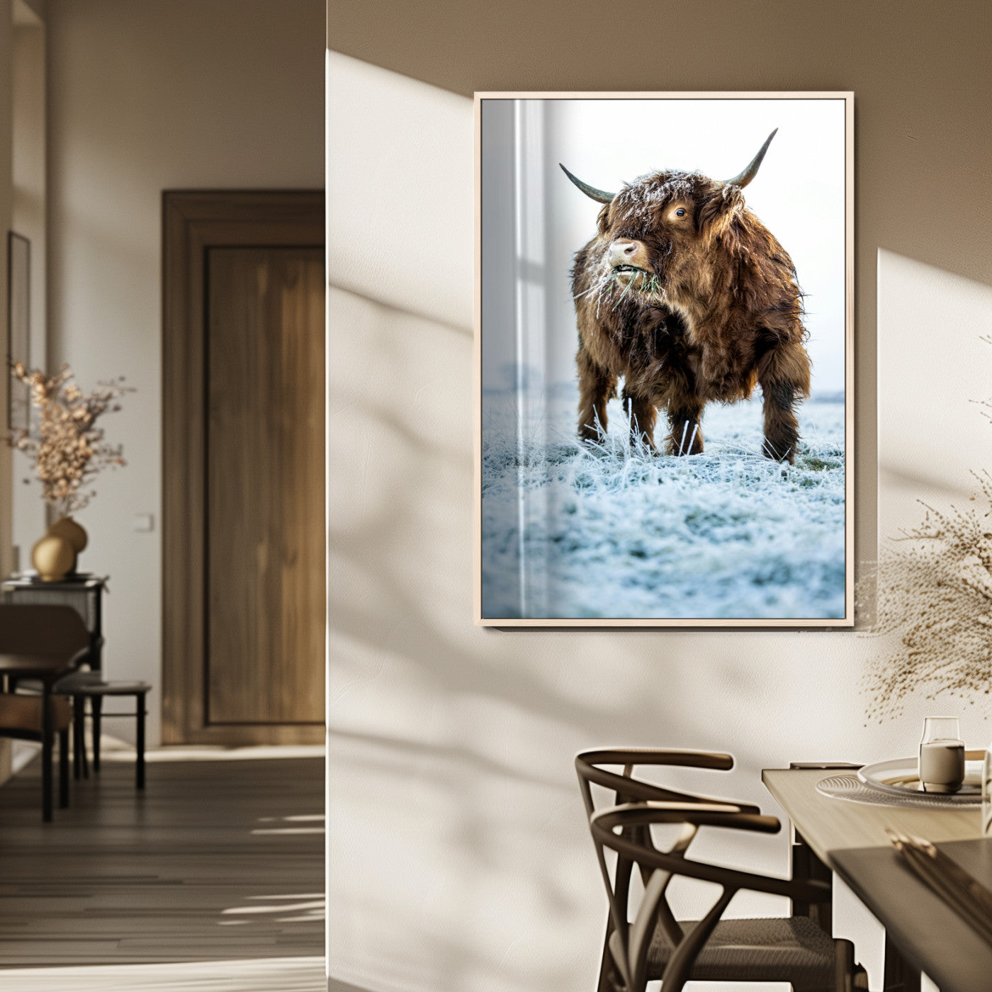 MGV-FP-48X32-3P - Minimalist Scottish Highlang Cow Wall Art Canvas Print for Farmhouse / County Style Art Print for