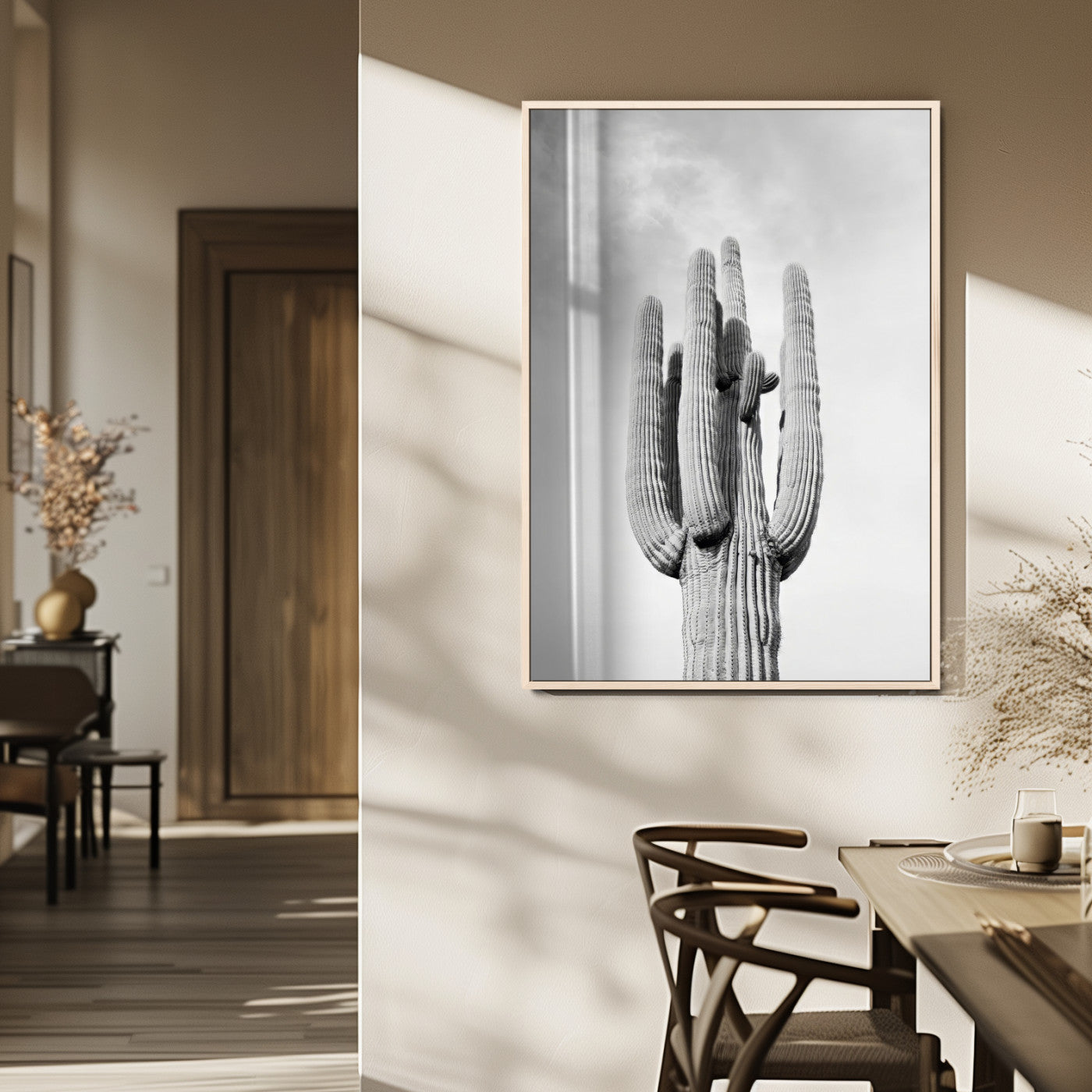 MGV-FP-48X32-3P - Saguaro Cactus Wall Art – Black and White Desert Landscape Canvas Print, Modern Minimalist Nature Decor for Home, Office, Living Room