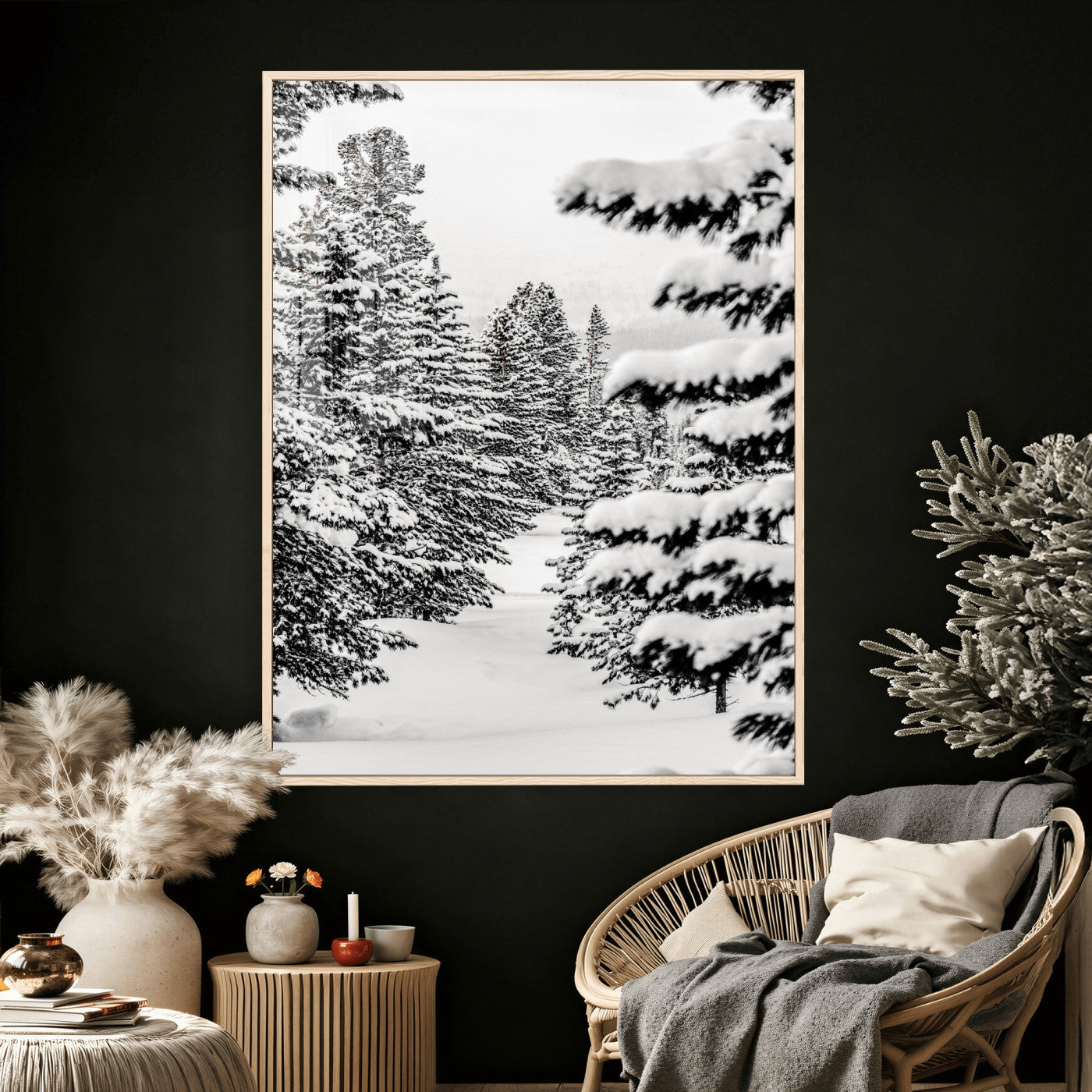 42534505-MGV-CV-24X36 - Snowy Pine Forest Wall Art Canvas Print, Minimal Winter Woodland Landscape, Black and White Nature Artwork