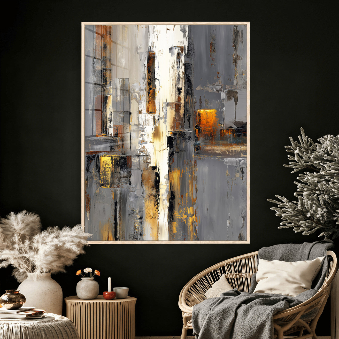 35992080-MGV-CV-24X36 - Abstract Urban Reflection Wall Art Canvas Print, Gold Black Modern Architecture Canvas Print, Contemporary Moody City Artwork for Living Room Decor