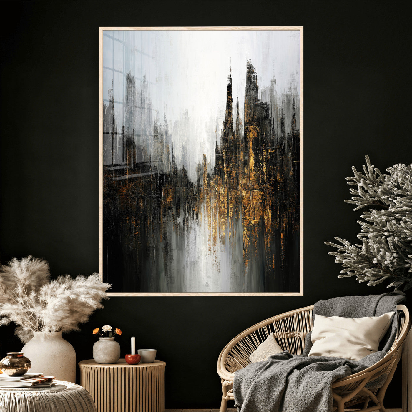 39629486-MGV-CV-24X36 - Abstract Urban Reflection Wall Art Canvas Print, Gold Black Modern Architecture Canvas Print, Contemporary Moody City Artwork for Living Room Decor