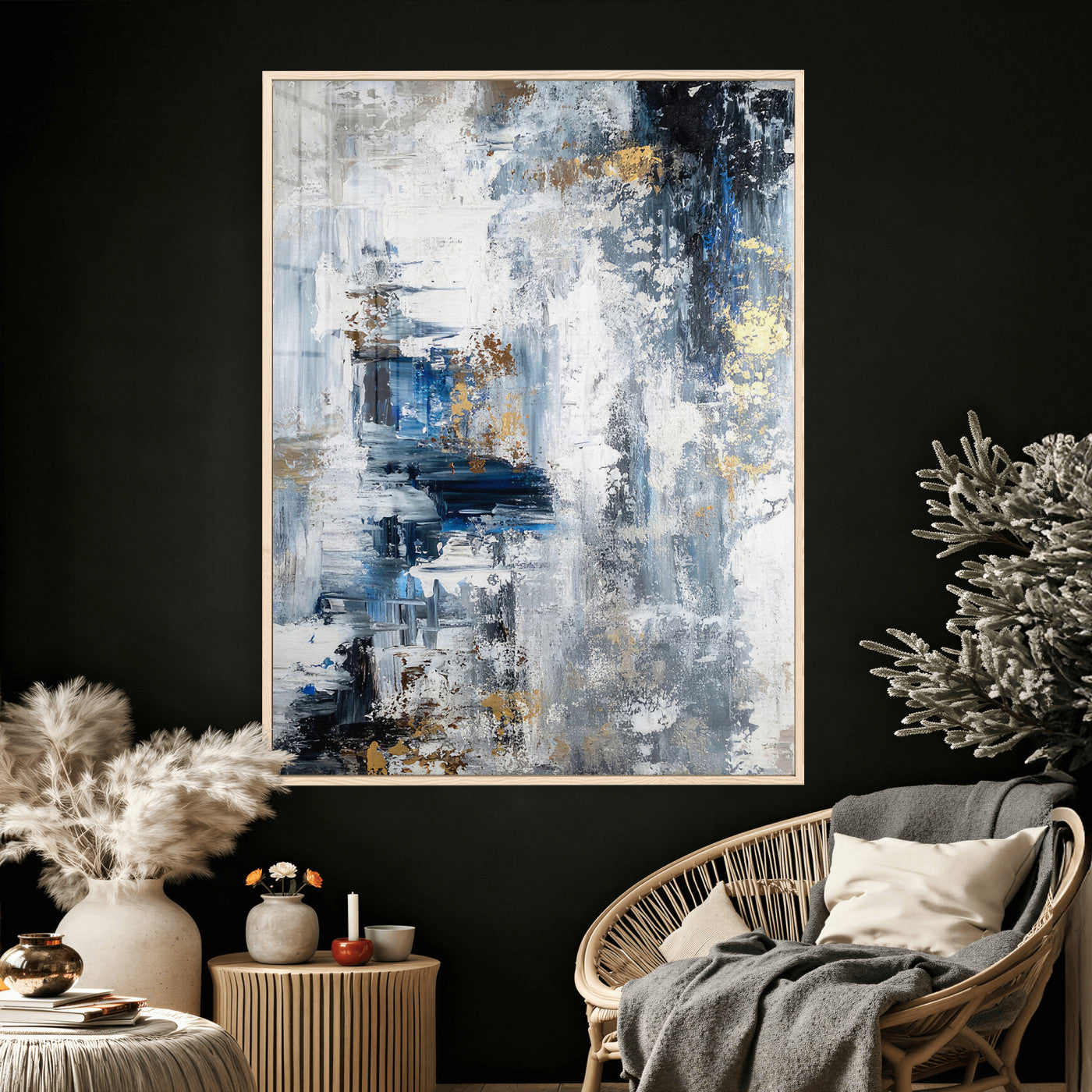 3962948988-MGV-CV-24X36 - Blue Abstract Wall Art Canvas Print, Gold Black Modern Architecture Canvas Print, Contemporary Moody City Artwork for Living Room Decor