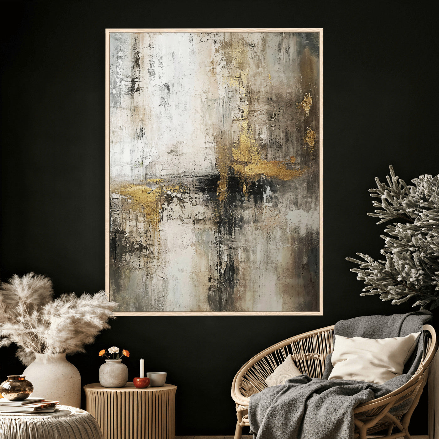 381262454-MGV-CV-24X36 - Framed Abstract Wall Art Canvas Print, Gold Black Modern Architecture Canvas Print, Contemporary Moody City Artwork for Living Room Decor