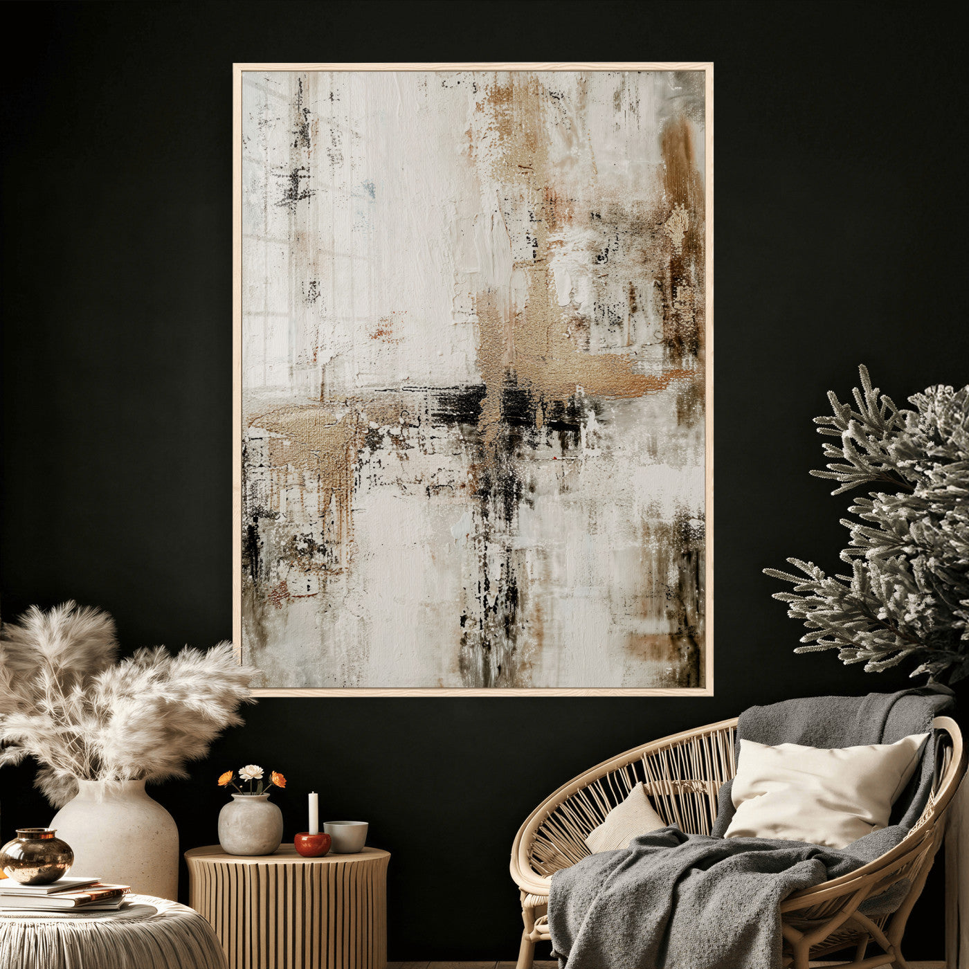 381262454-MGV-CV-24X36 - Neutral Abstract Wall Art Canvas Print, Beige Black Textured Modern Canvas Print, Minimalist Contemporary Artwork for Living Room Decor
