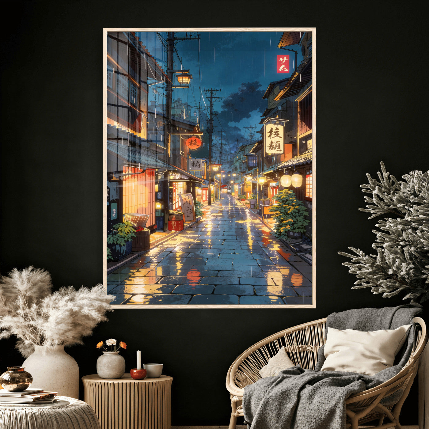 4712069J1-MGV-CV-24X36 - Tokyo Tea House Canvas Wall Art — Japan Rainy Night Street Print | Anime Style Decor | Japanese Tea House Art | Tokyo City Gift