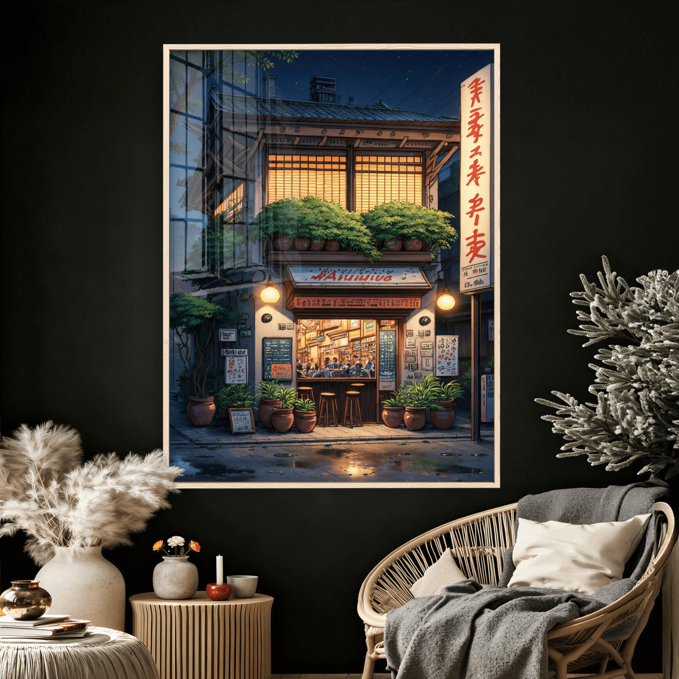 4712069TE1-MGV-CV-24X36 - Evening at the Ramen Shop Canvas Wall Art — Japan Night Anime Print | Japanese Restaurant Decor | Lofi Wall Art | Ramen Lover Gift