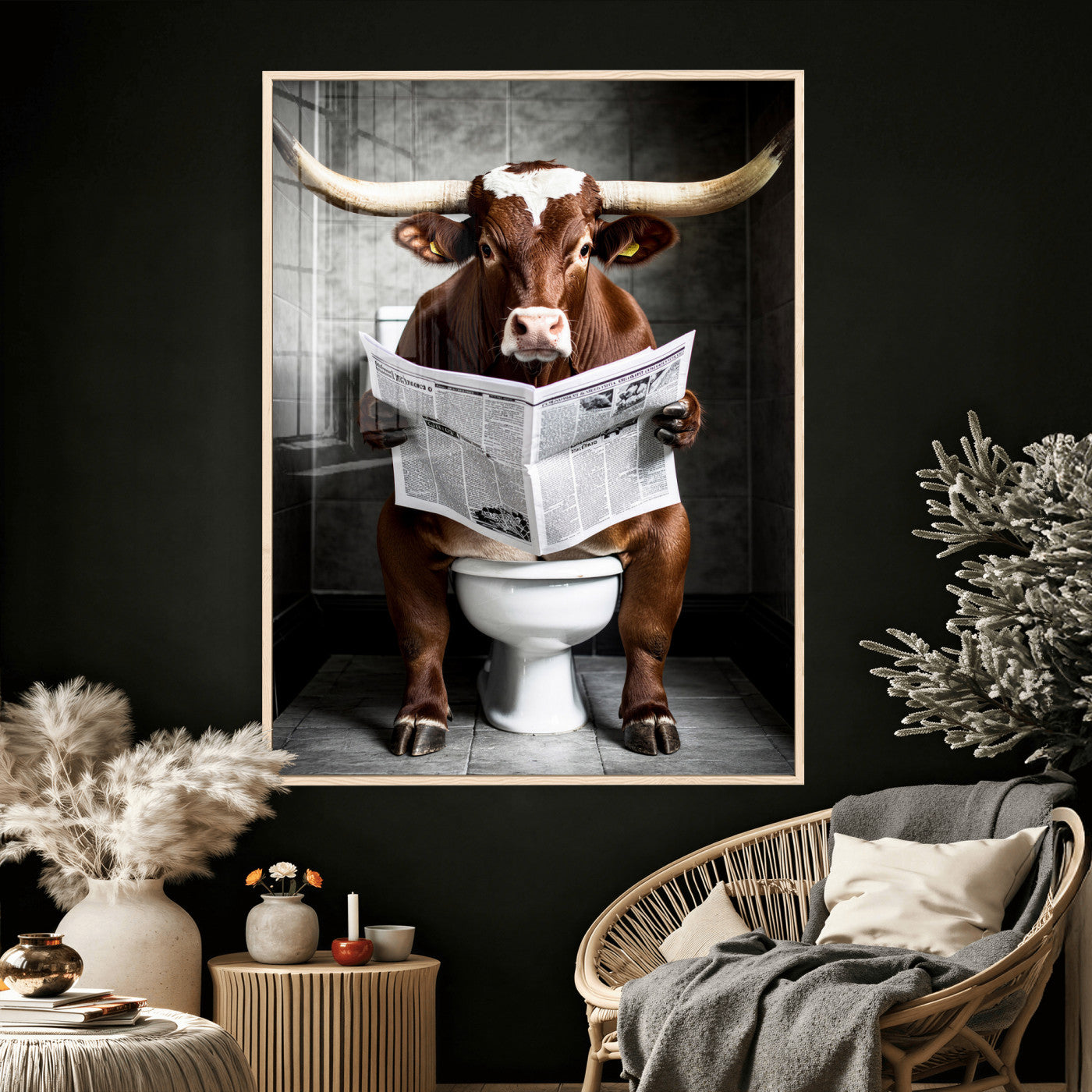 69808726-MGV-CV-24X36 - Texas Longhorn Cow Toilet Paper Canvas Wall Art, Funny Bathroom Black White Print, Cute Animal Humor Decor, Quirky Farmhouse Bathroom Art, Cow Lover Gift