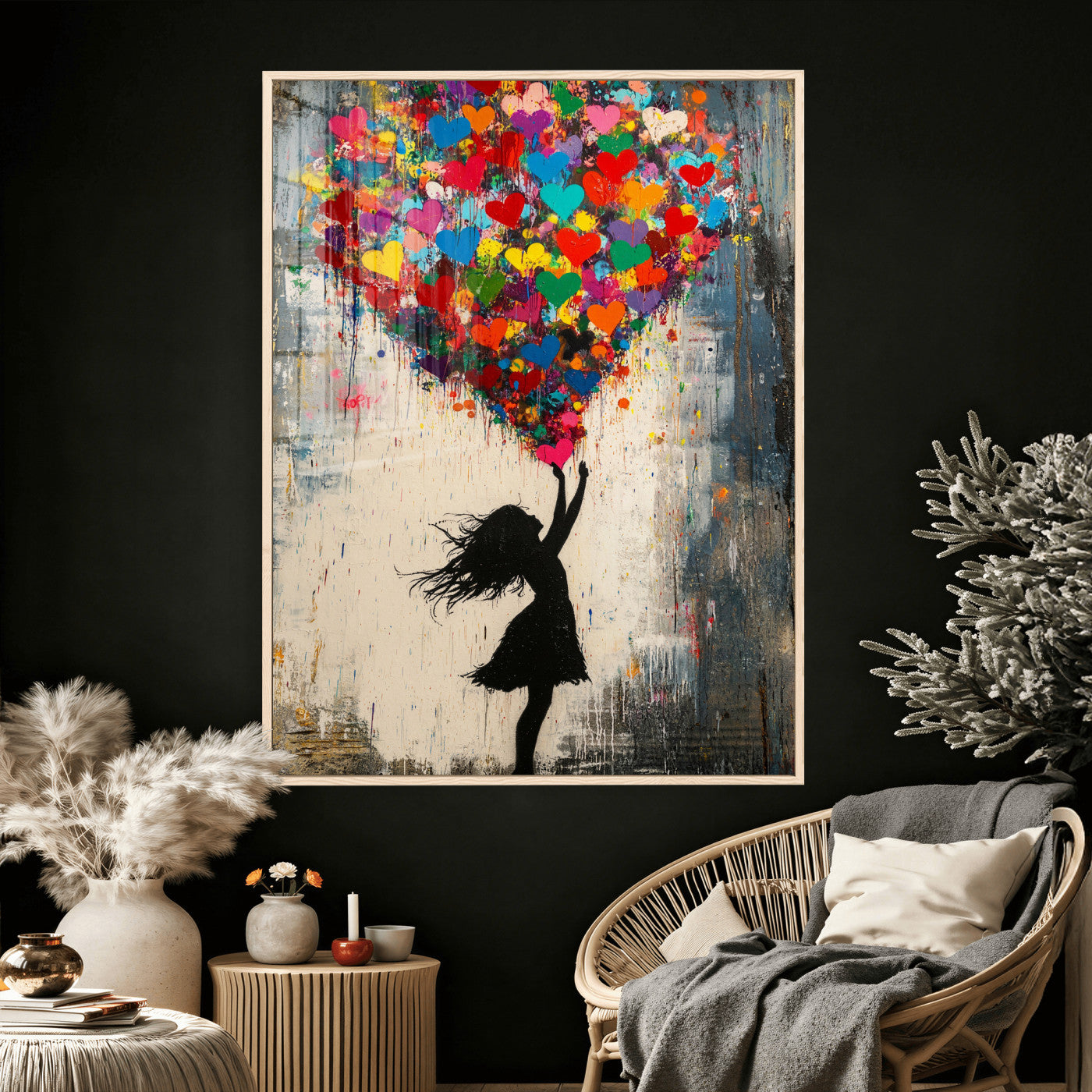 36253538-MGV-CV-24X36 - Banksy Street Art Canvas Wall Art, Girl Heart Balloons Banksy Style Print, Colorful Graffiti Love Decor, Urban Pop Art, Kids Room Inspirational Wall Art