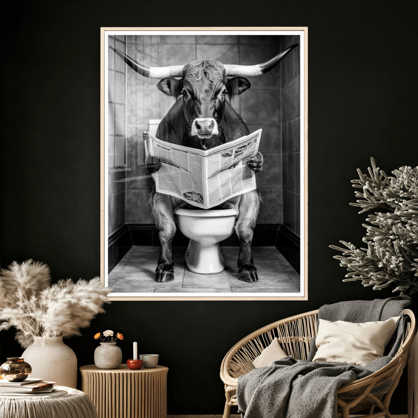 77994492-MGV-CV-24X36 - Texas Longhorn Cow Toilet Paper Canvas Wall Art, Funny Bathroom Black White Print, Cute Animal Humor Decor, Quirky Farmhouse Bathroom Art, Cow Lover Gift