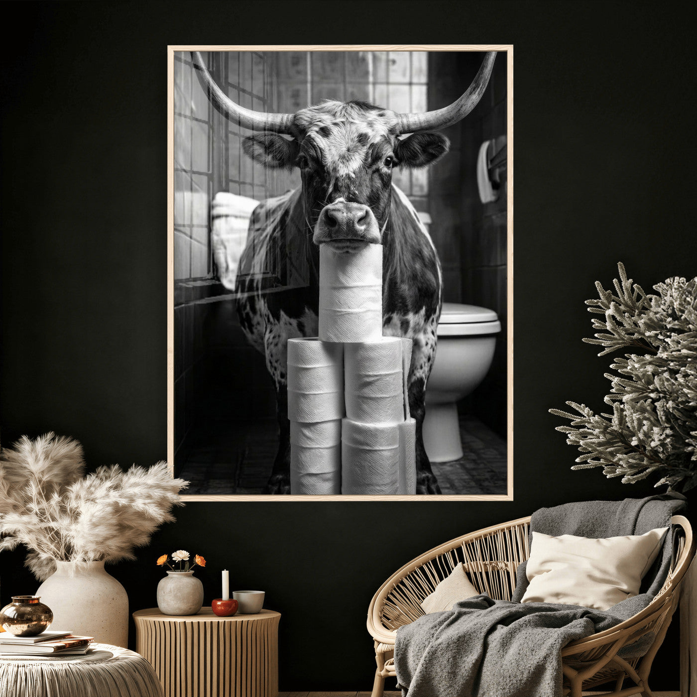 79259956-MGV-CV-24X36 - Texas Longhorn Cow Toilet Paper Canvas Wall Art, Funny Bathroom Black White Print, Cute Animal Humor Decor, Quirky Farmhouse Bathroom Art, Cow Lover Gift