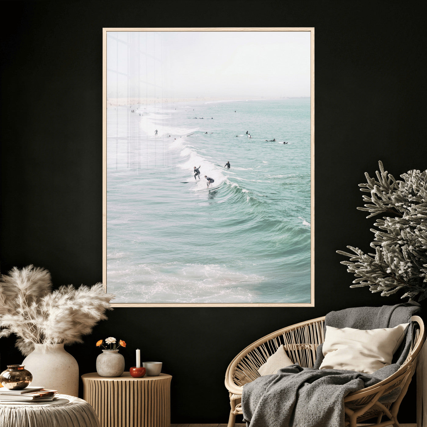 58043762-MGV-CV-24X36 - Surfers on Waves Canvas Wall Art, Aerial Ocean Photography Print, Mint Green Surf Decor, California Beach House Art, Coastal Sports Wall Decor