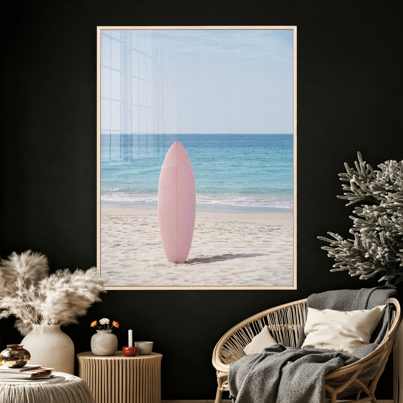 17265103-MGV-CV-24X36 - Pink Surfboard Canvas Wall Art, Minimalist Beach Photography Print, Pastel Ocean Coastal Decor, Girl Beach Room Art, Aesthetic Summer Wall Print