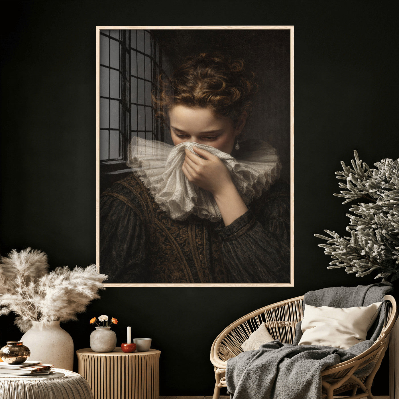 62652430-MGV-CV-24X36 - Baroque Portrait Canvas Wall Art, Flemish Woman with Lace Collar Print for Bathroom Wall Art, Funny Toilet Decor, Renaissance Style Portrait, Moody Vintage Wall Art