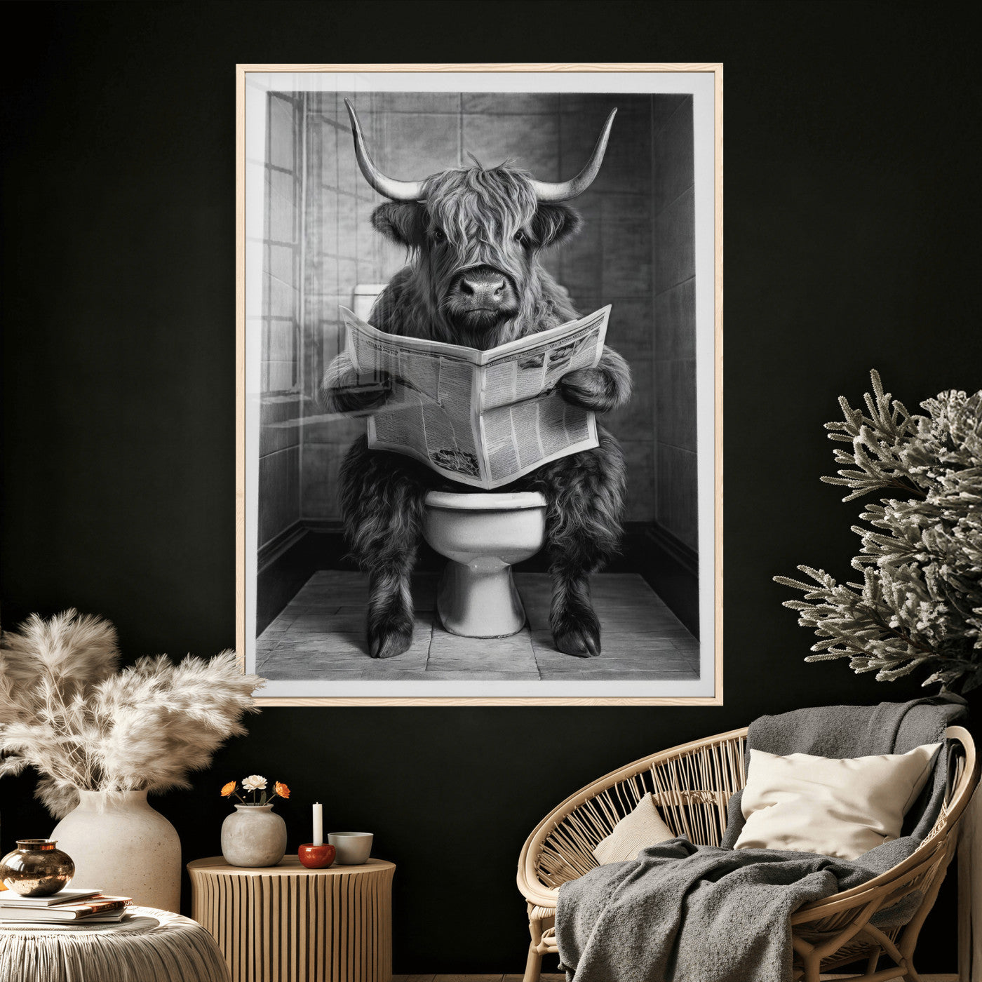 56930218-MGV-CV-24X36 - Funny Bathroom Canvas Wall Art, Texas Longhorn on Toilet Reading Newspaper, Humor Animal Print, Farmhouse Bathroom Decor, Quirky Cow Gift, Toilet Room Art