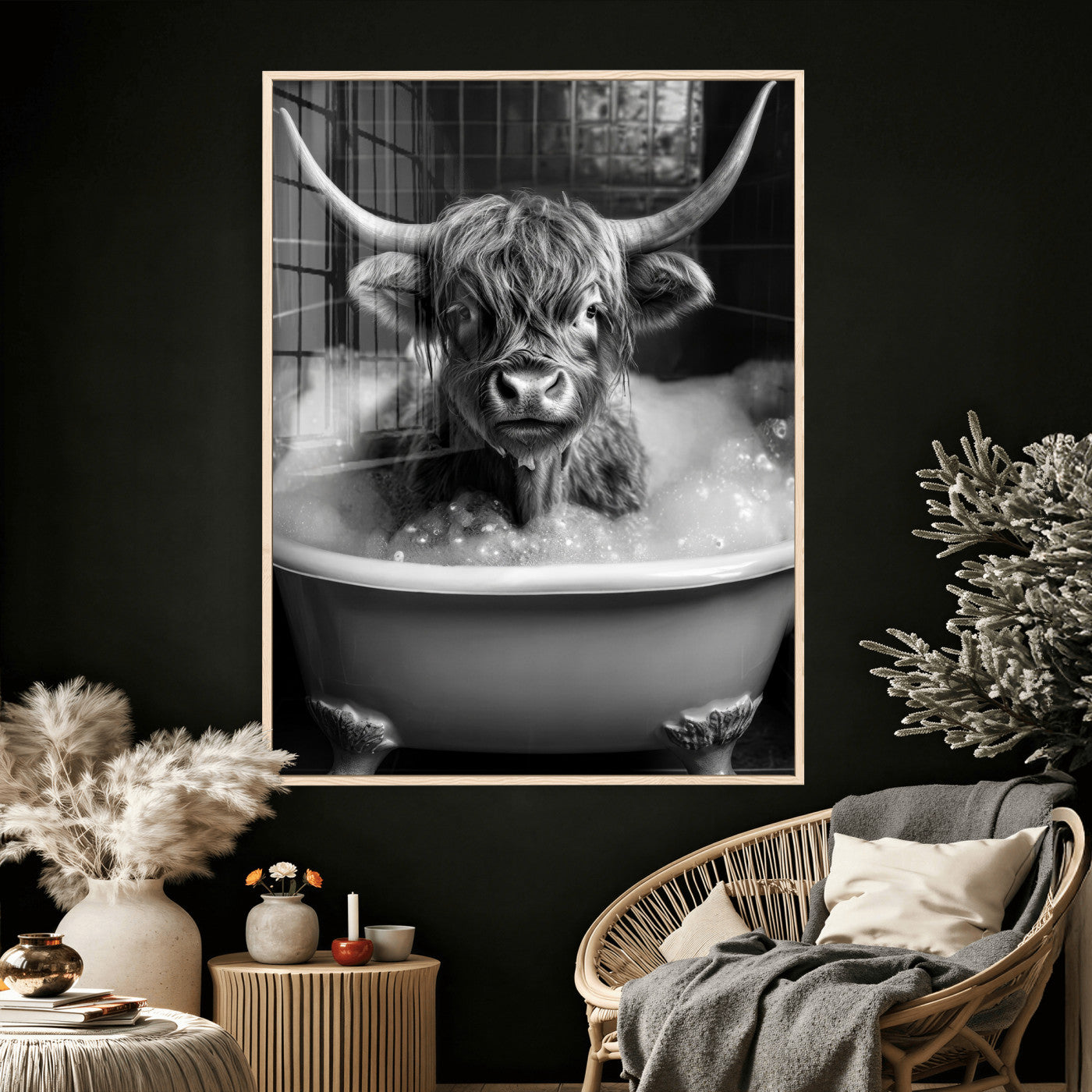 44020264-MGV-CV-24X36 - Highland Cow Bathtub Canvas Wall Art, Funny Bathroom Print Black White, Grumpy Cow Bubble Bath Decor, Animal Bathroom Art, Farmhouse Humor Print, Cute Cow Gift
