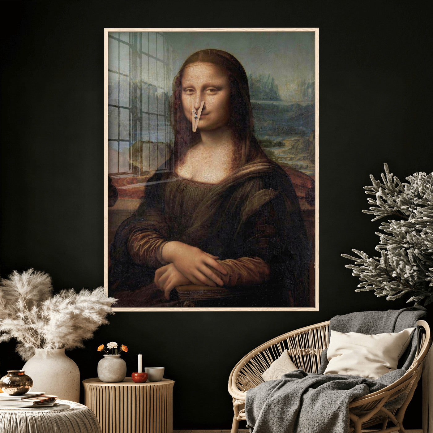 59125950-MGV-CV-24X36 - Funny Bathroom Canvas Wall Art Print, Mona Lisa Clothespin Nose Humor Decor, Classic Art Parody, Toilet Room Wall Art, Quirky Housewarming Gift, Eclectic Home Decor