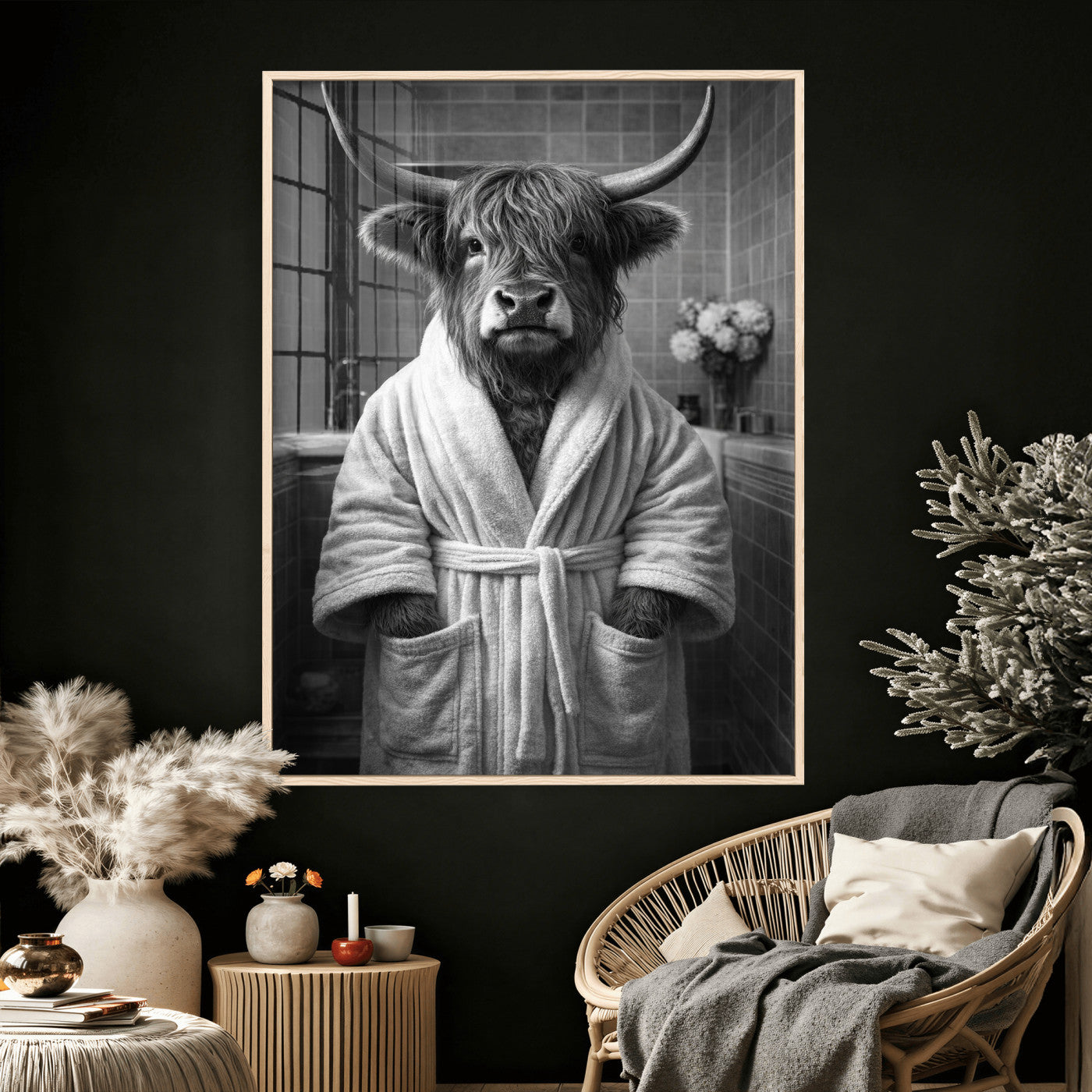 98453723-MGV-CV-24X36 - Funny Bathroom Wall Art Canvas Print, Highland Cow in Bathrobe, Black and White Humor Decor, Animal Bathroom Print, Farmhouse Bathroom Art