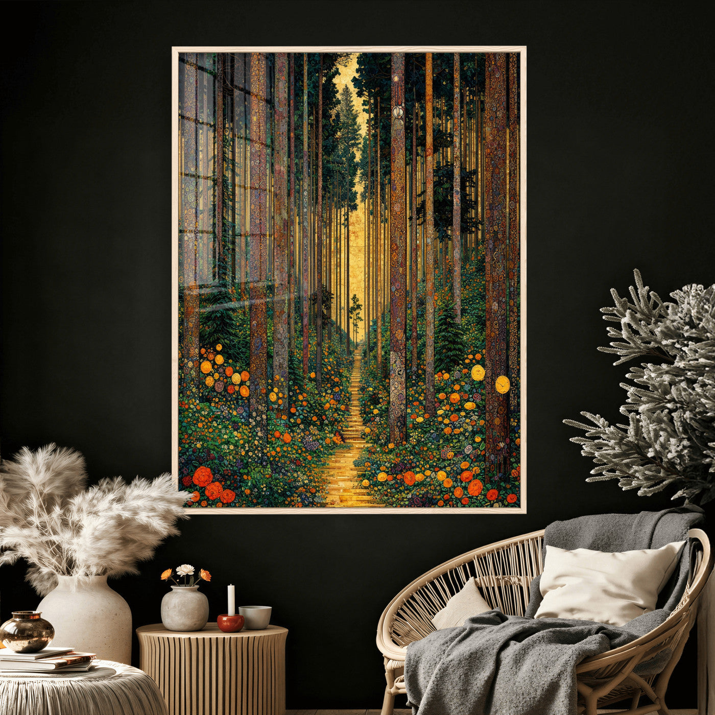 14391546-MGV-CV-24X36 - Gustav Klimt Style Forest Canvas Wall Art, Golden Forest Path Floral Art Nouveau Print, Enchanted Woodland Decor, Maximalist Colorful Nature Art