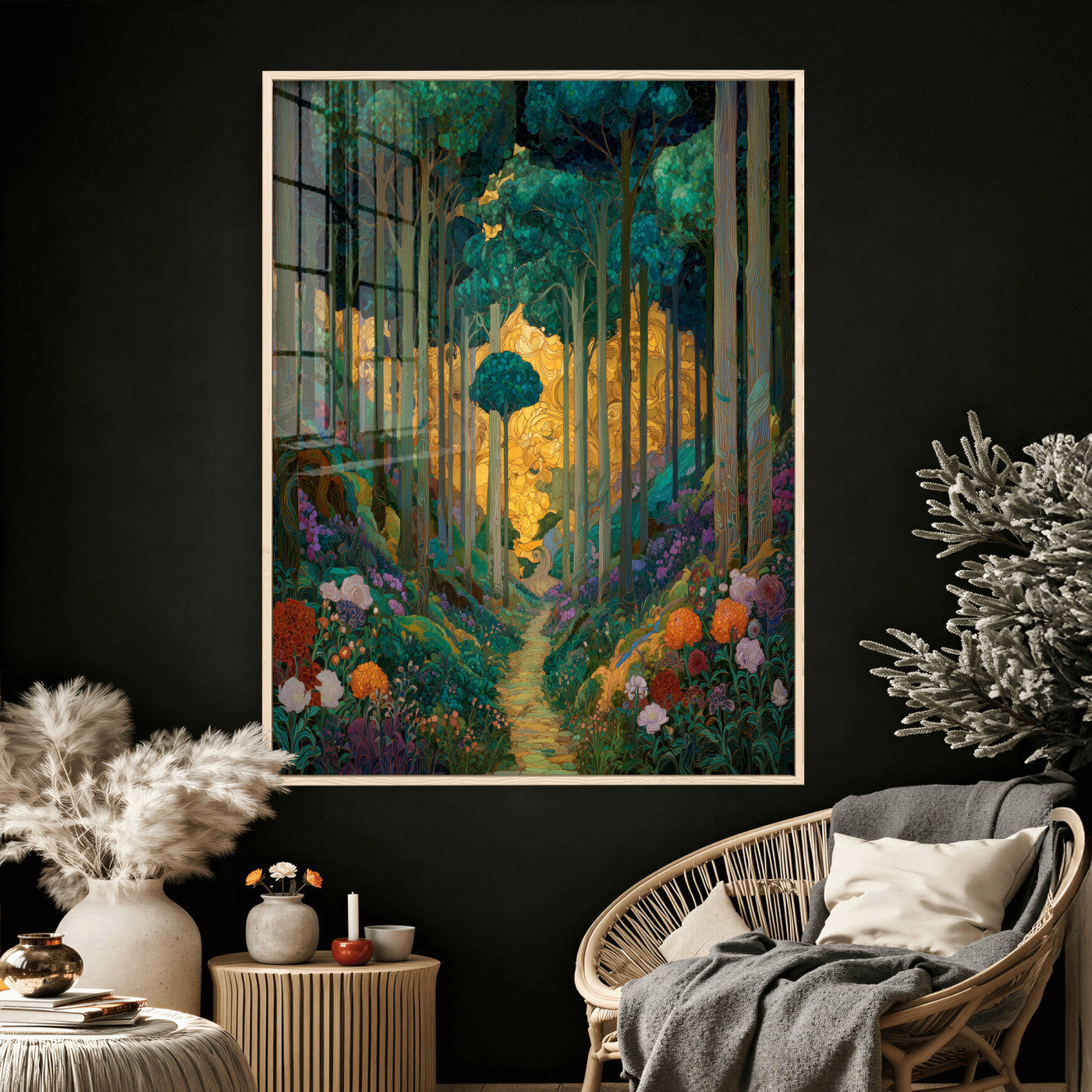 70159913-MGV-CV-24X36 - Gustav Klimt Style Forest Canvas Wall Art, Golden Forest Path Floral Art Nouveau Print, Enchanted Woodland Decor, Maximalist Colorful Nature Art