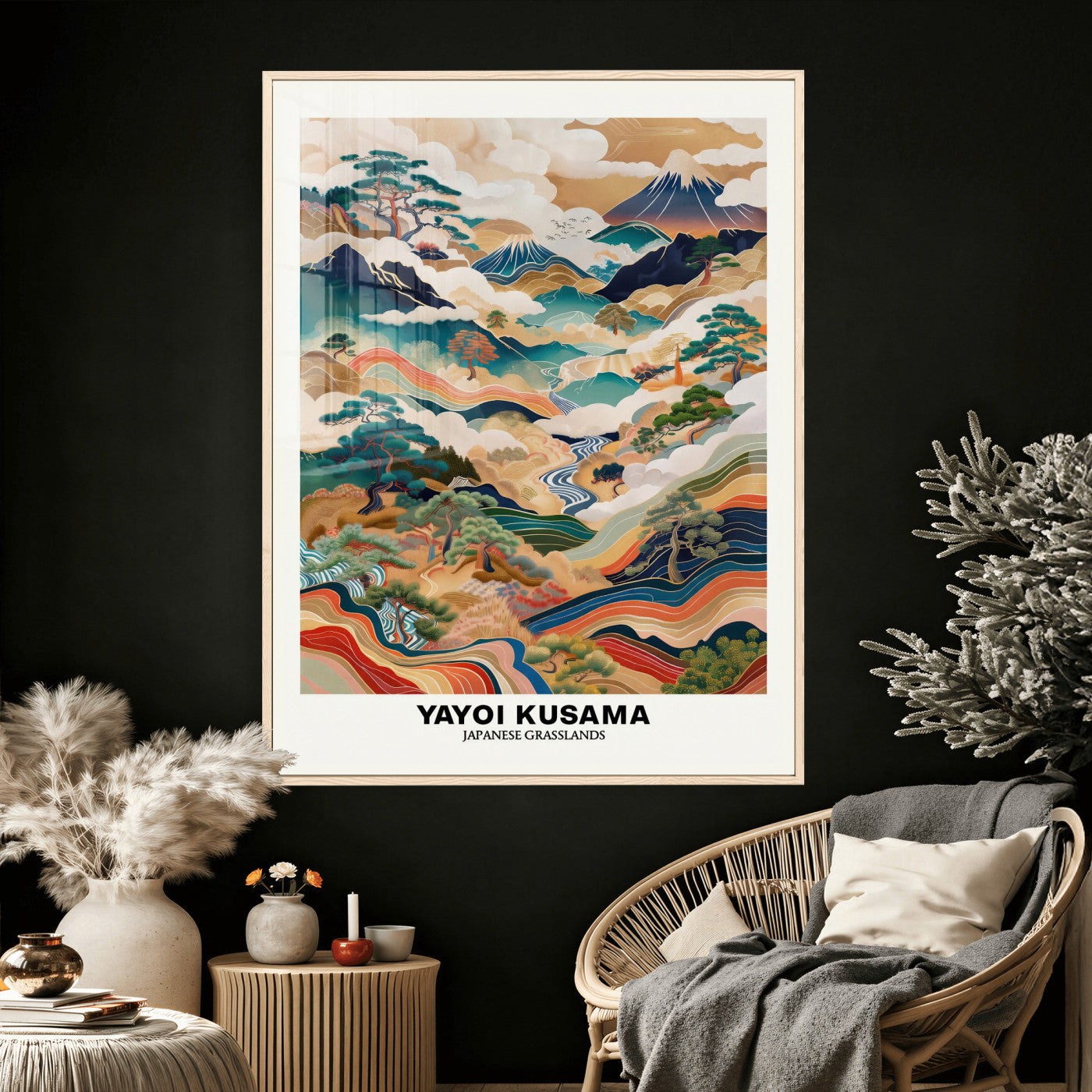 71553303-MGV-CV-24X36 - Yayoi Kusama Japanese Landscape Wall Art Canvas Print, Colorful Mountain and River Framed Artwork, Nature Inspired Asian Scenic Decor for Living Room Bedroom Office