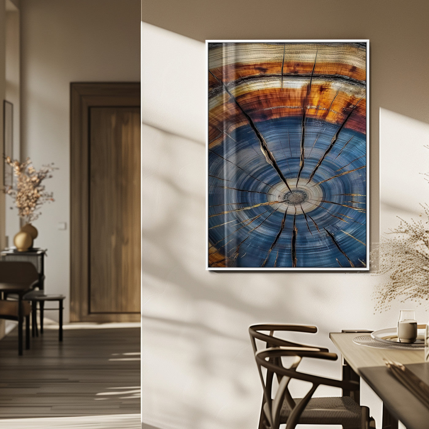 MGV-FP-48X32-3P - Tree Rings Wall Art Canvas Print, Framed Wood Texture Art Picture Print, Blue Grain Perfect Rustic Modern Decor Artwork