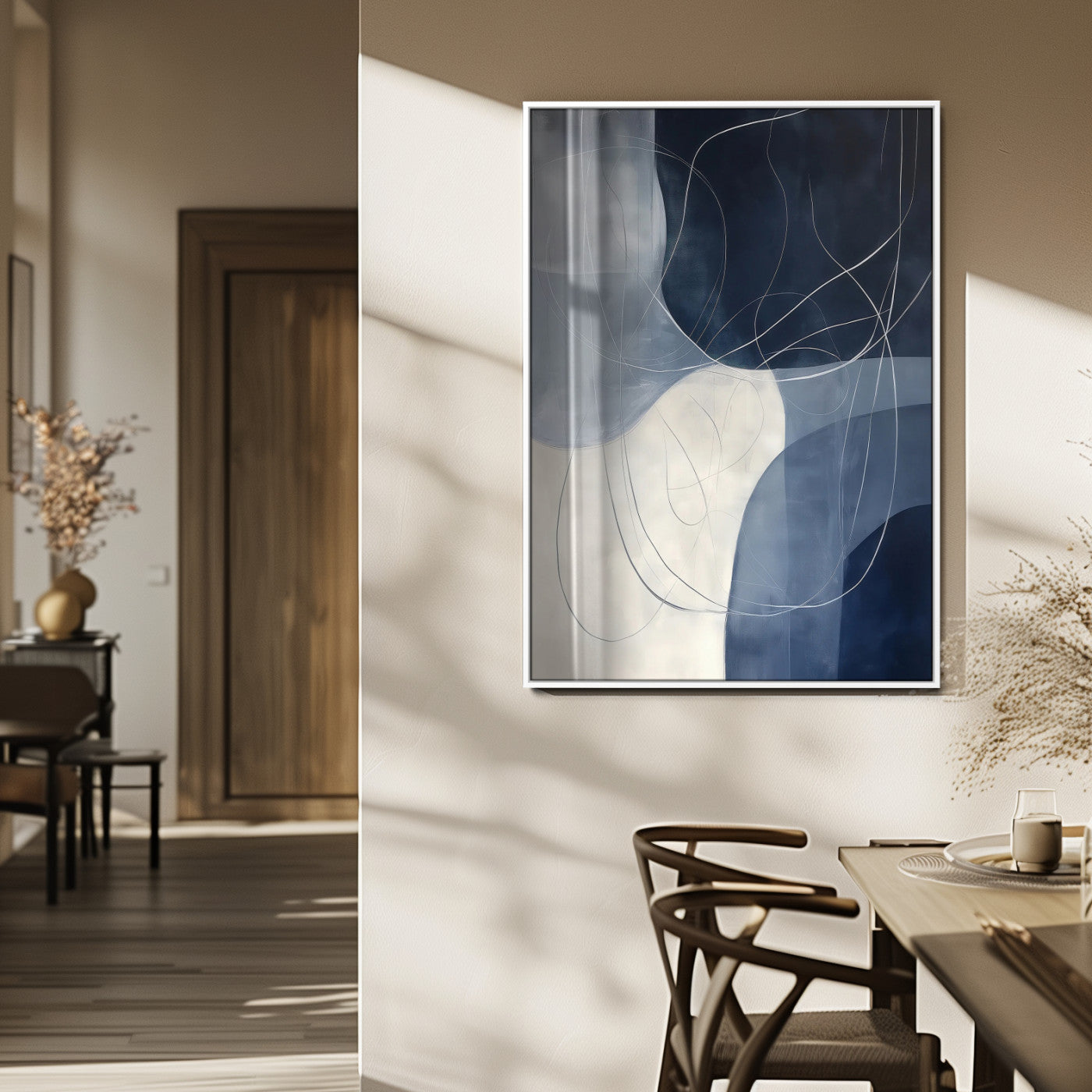 MGV-FP-48X32-3P - Navy Abstract Wall Art Canvas Print, Framed Minimal Lineart Art Picture Print, Abstract Shapes Perfect Minimalist Abstract Decor Artwork