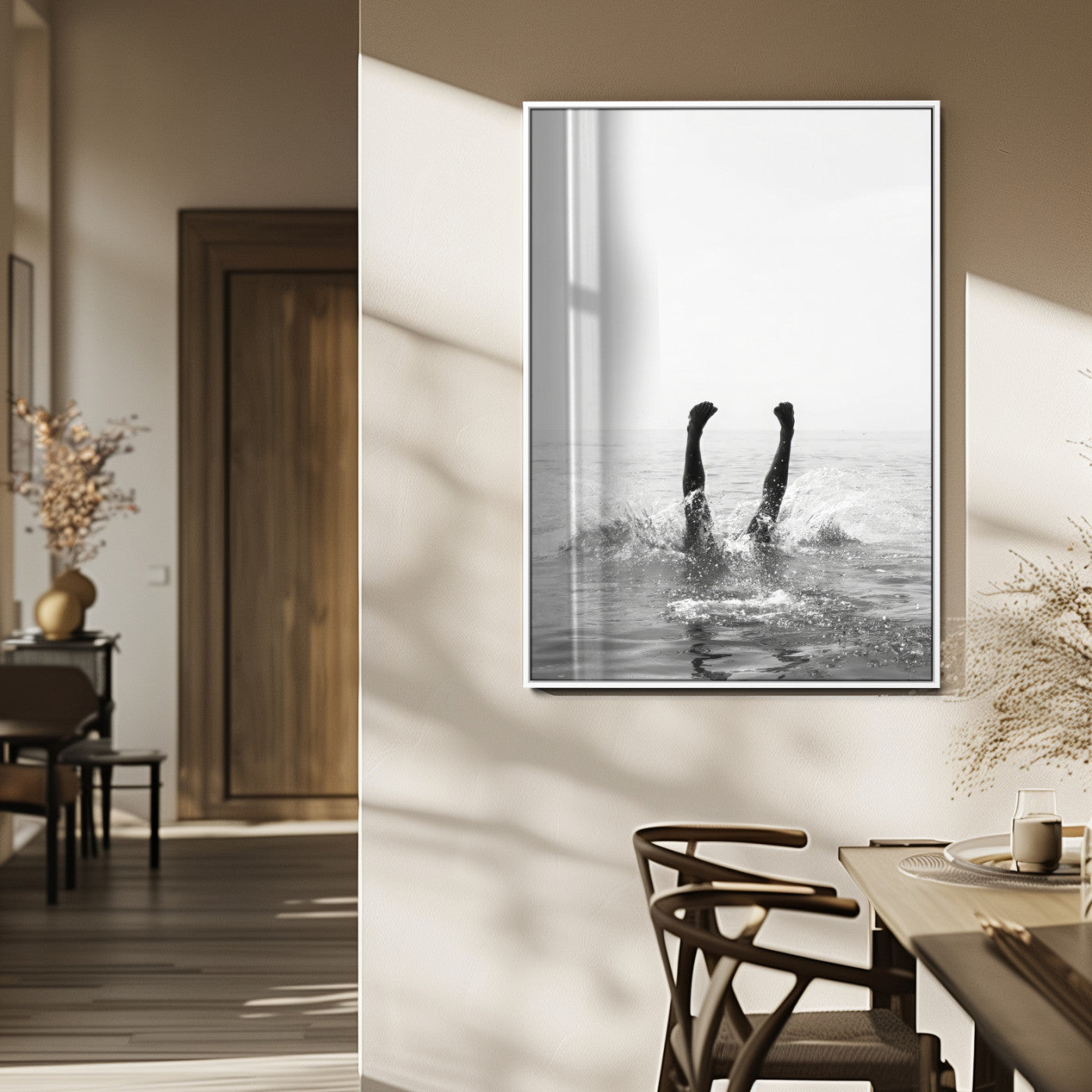 MGV-FP-48X32-3P - Minimal Ocean Wall Art Canvas Print, Framed Monochrome Diving Art Picture Print, Swimmer in Sea Perfect Minimalist Coastal Decor Artwork