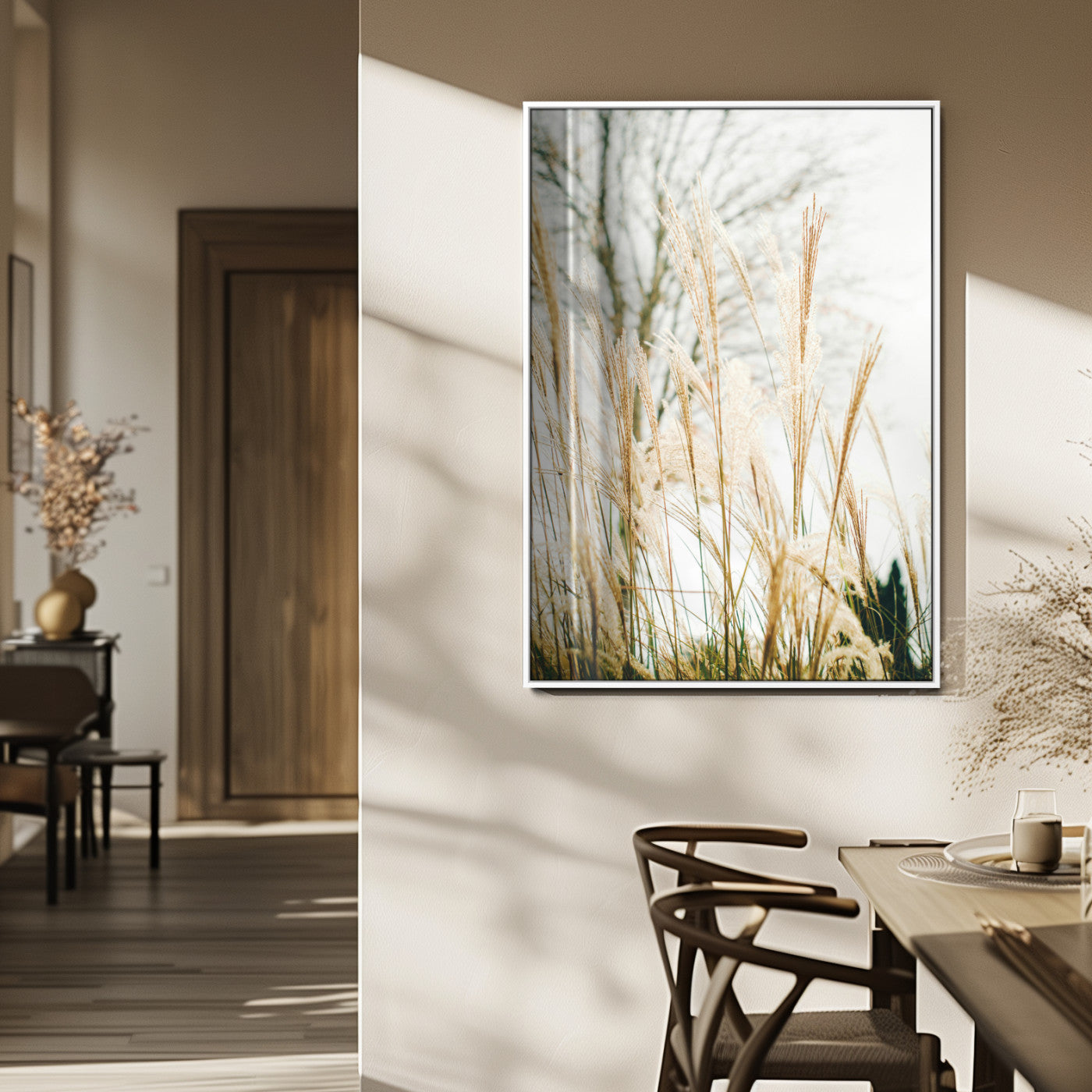 MGV-FP-48X32-3P - Pampas Grass Wall Art Canvas Print, Framed Neutral Tones Art Picture Print, Minimalist Nature Perfect Boho Minimalist Decor Artwork
