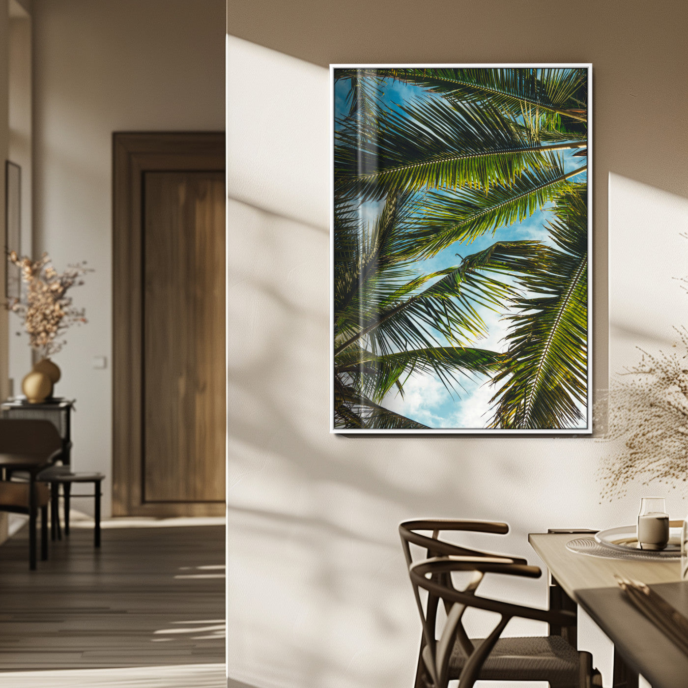 MGV-FP-48X32-3P - Palm Leaves Wall Art Canvas Print, Framed Tropical Vibes Art Picture Print, Green Foliage Perfect Tropical Boho Decor Artwork