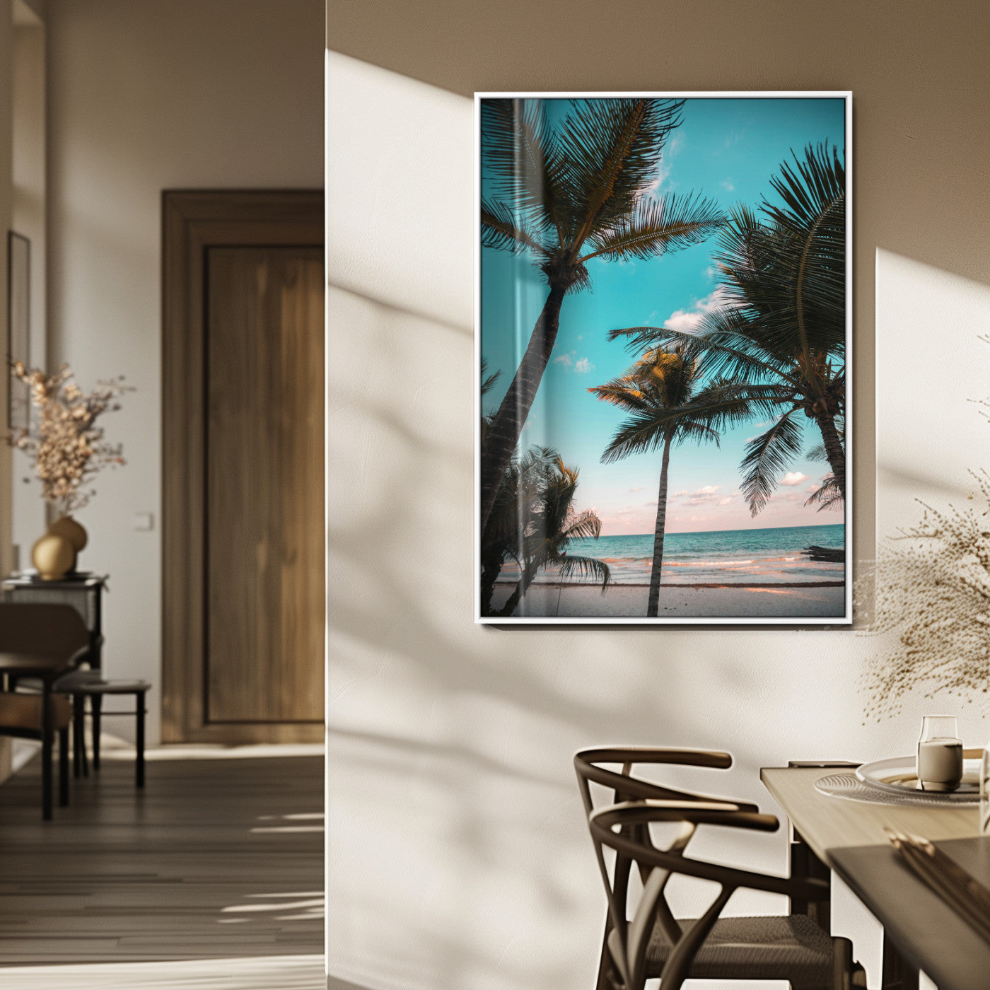 MGV-FP-48X32-3P - Palm Trees Wall Art Canvas Print, Framed Tropical Beach Art Picture Print, Ocean Breeze Perfect Tropical Coastal Decor Artwork