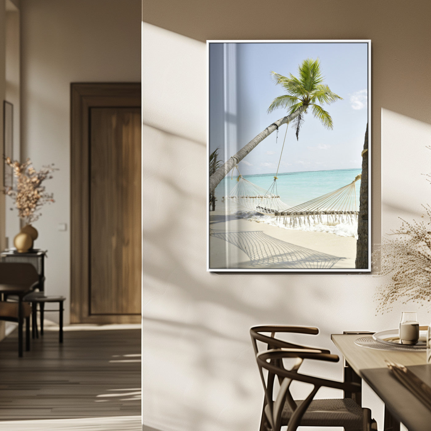 MGV-FP-48X32-3P - Beach Hammock Wall Art Canvas Print, Framed Tropical Paradise Art Picture Print, Coastal Serenity Perfect Boho Coastal Decor Artwork