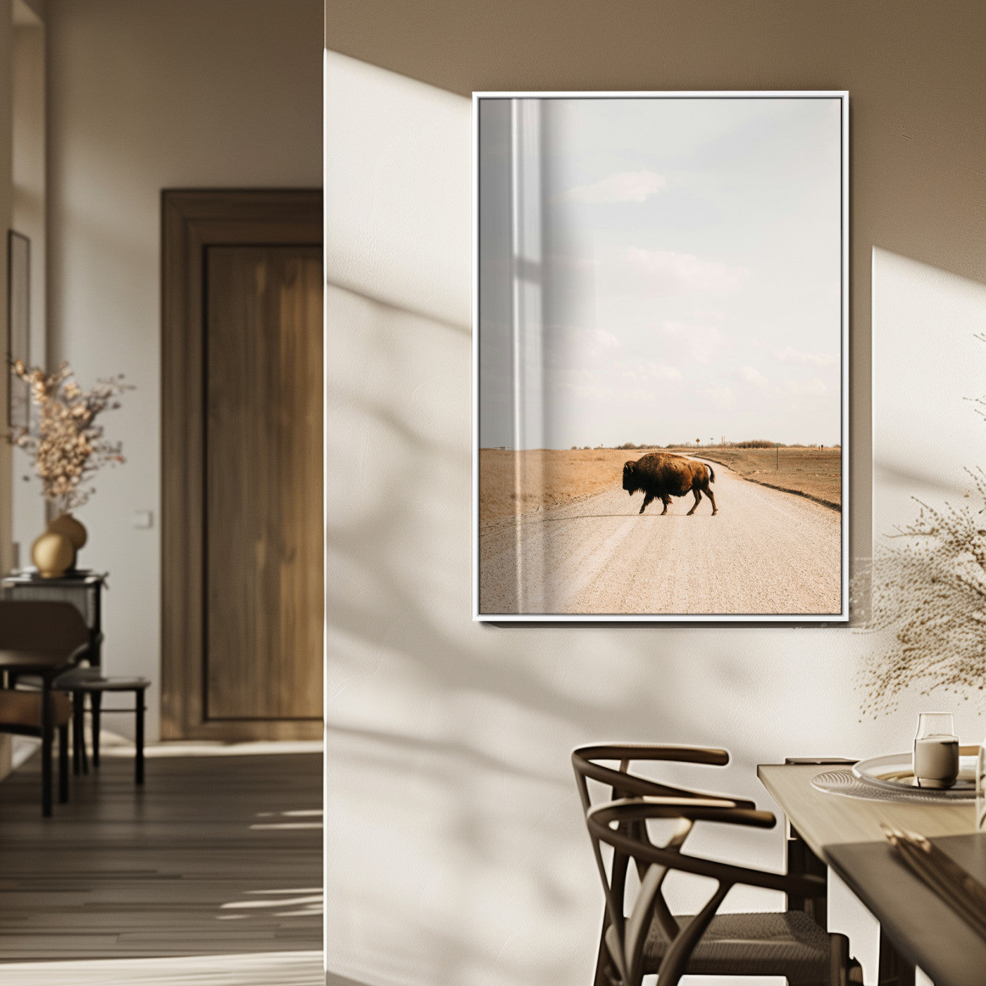 MGV-FP-48X32-3P - Bison Crossing Wall Art Canvas Print, Framed Western Landscape Art Picture Print, Prairie Road Perfect Modern Ranch Decor Decor Artwork
