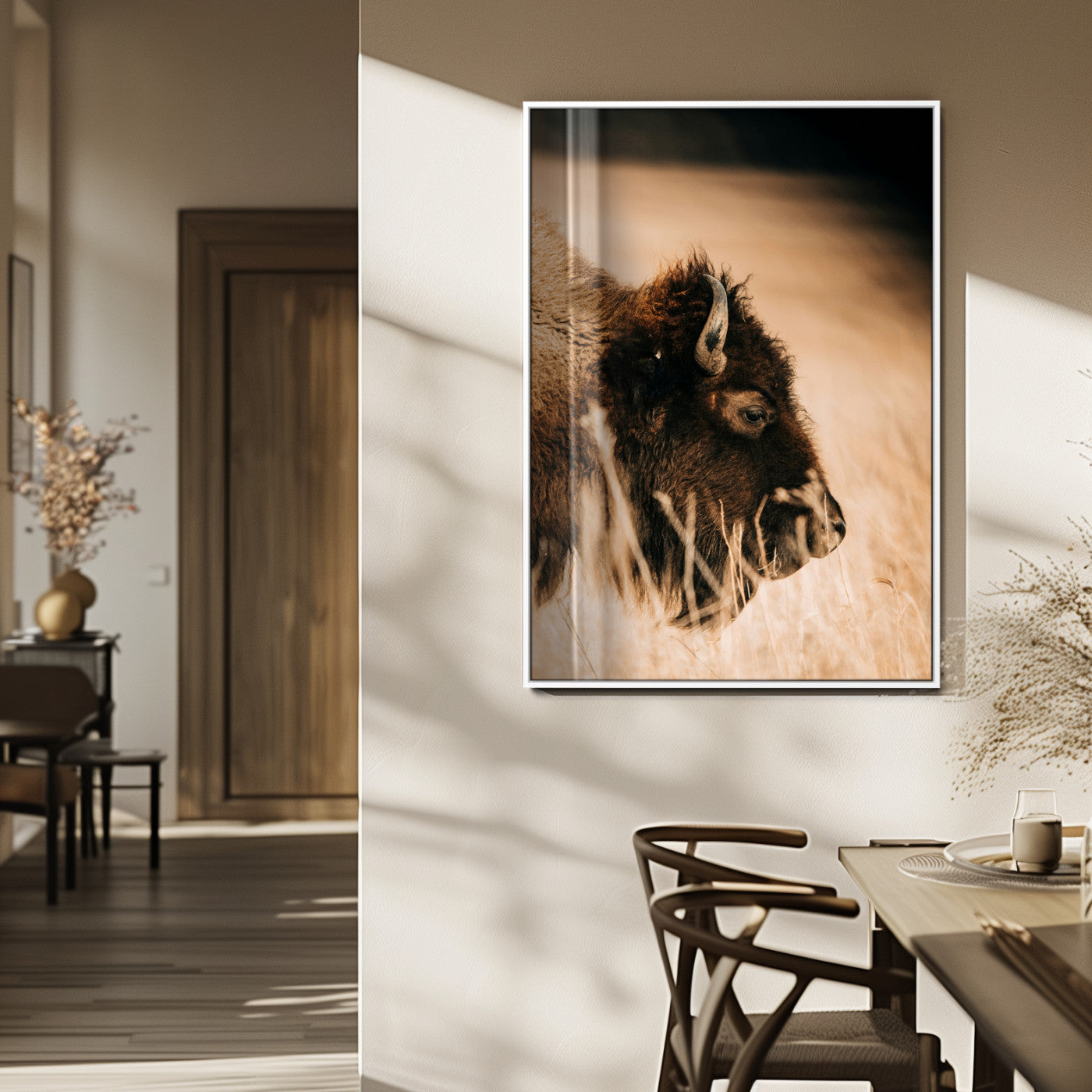 MGV-FP-48X32-3P - Bison Portrait Wall Art Canvas Print, Framed Western Landscape Art Picture Print, Prairie Serenity Perfect Modern Ranch Decor Decor Artwork