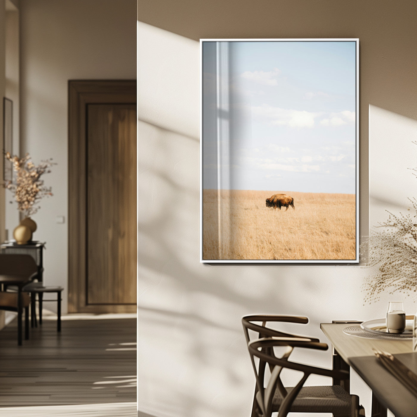 96766166-MGV-FP-48X32-3P_White-Minimalist Nature Wall Art Canvas Print, Framed Bison In Grassland Art Picture Print, Open Field